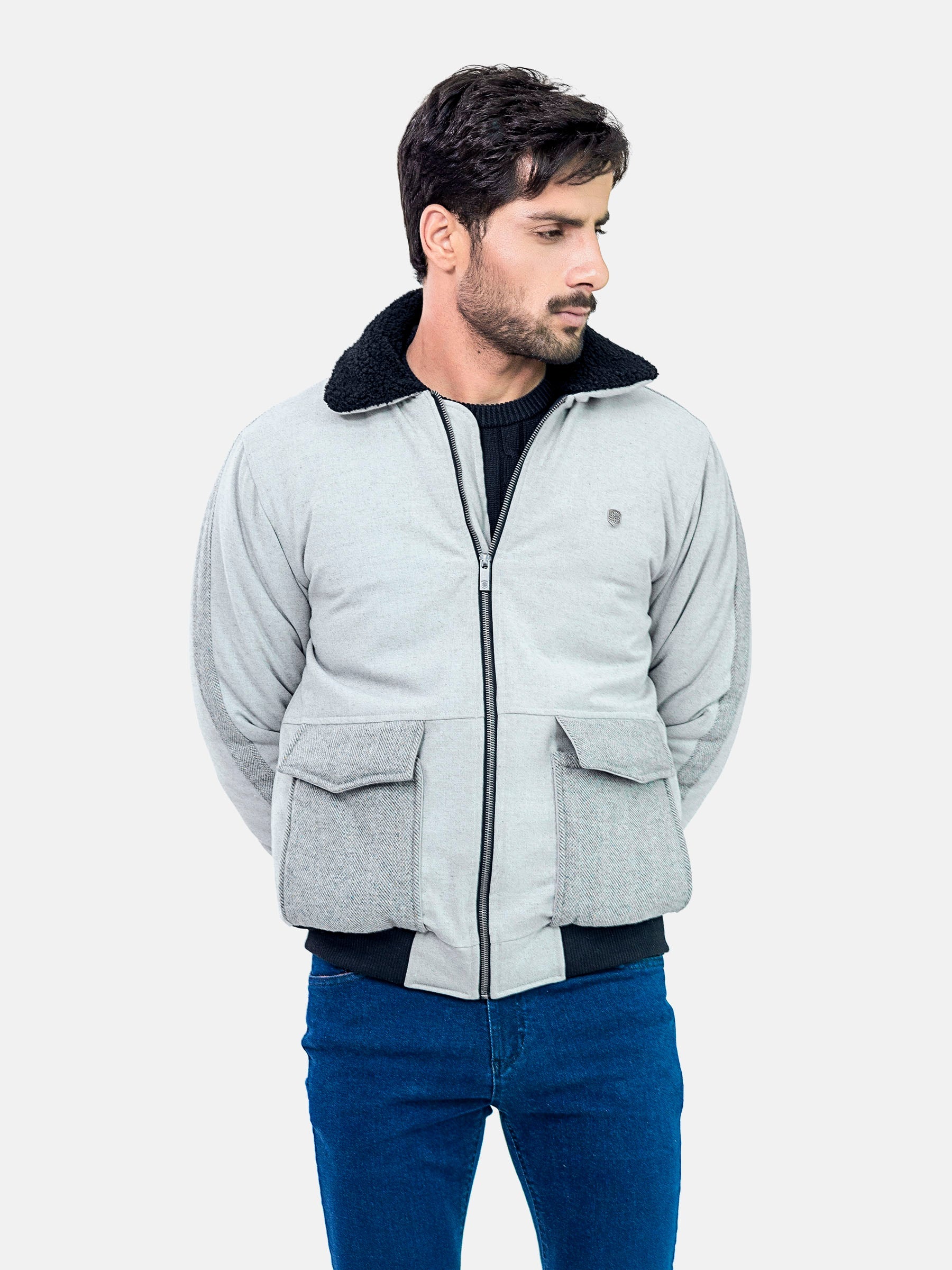 Grey Sherpa Collar Aviator Jacket With Cashmere Pockets