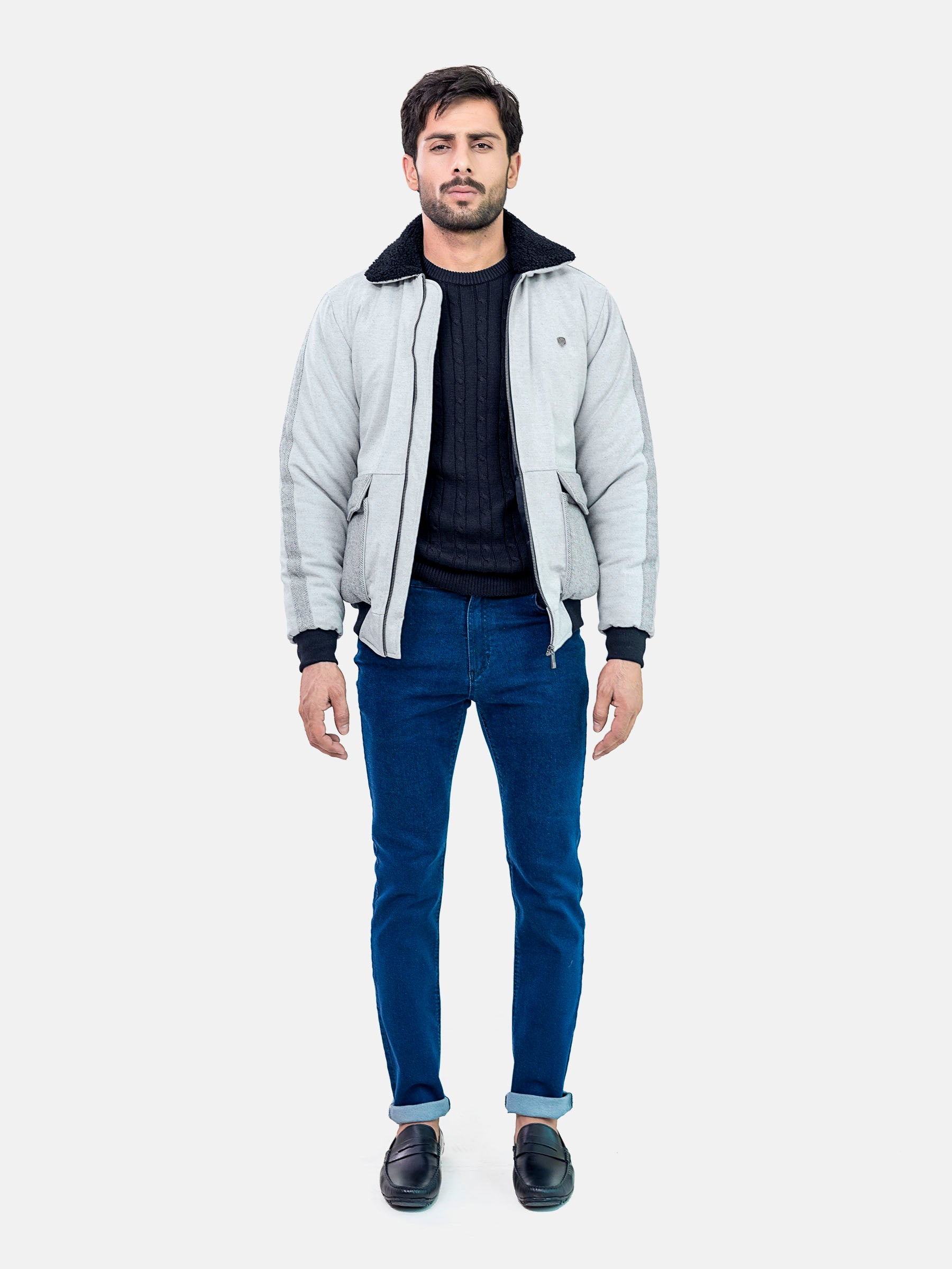 Grey Sherpa Collar Aviator Jacket With Cashmere Pockets