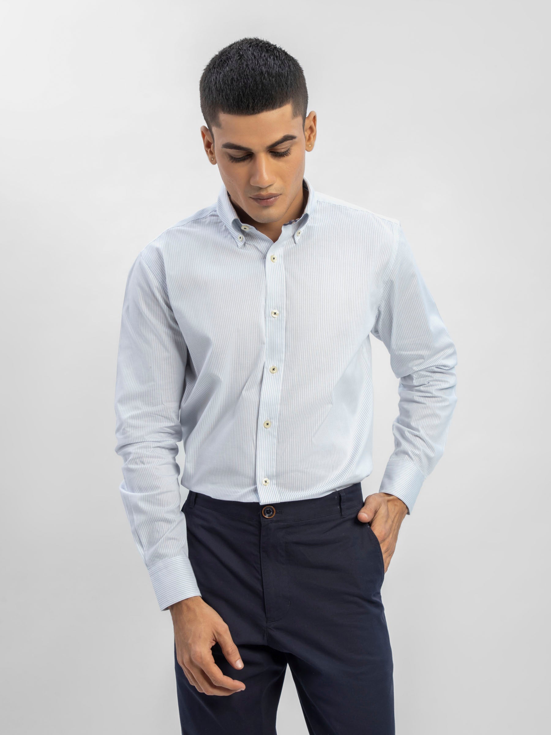 Grey Striped Button Down Shirt With Detailing