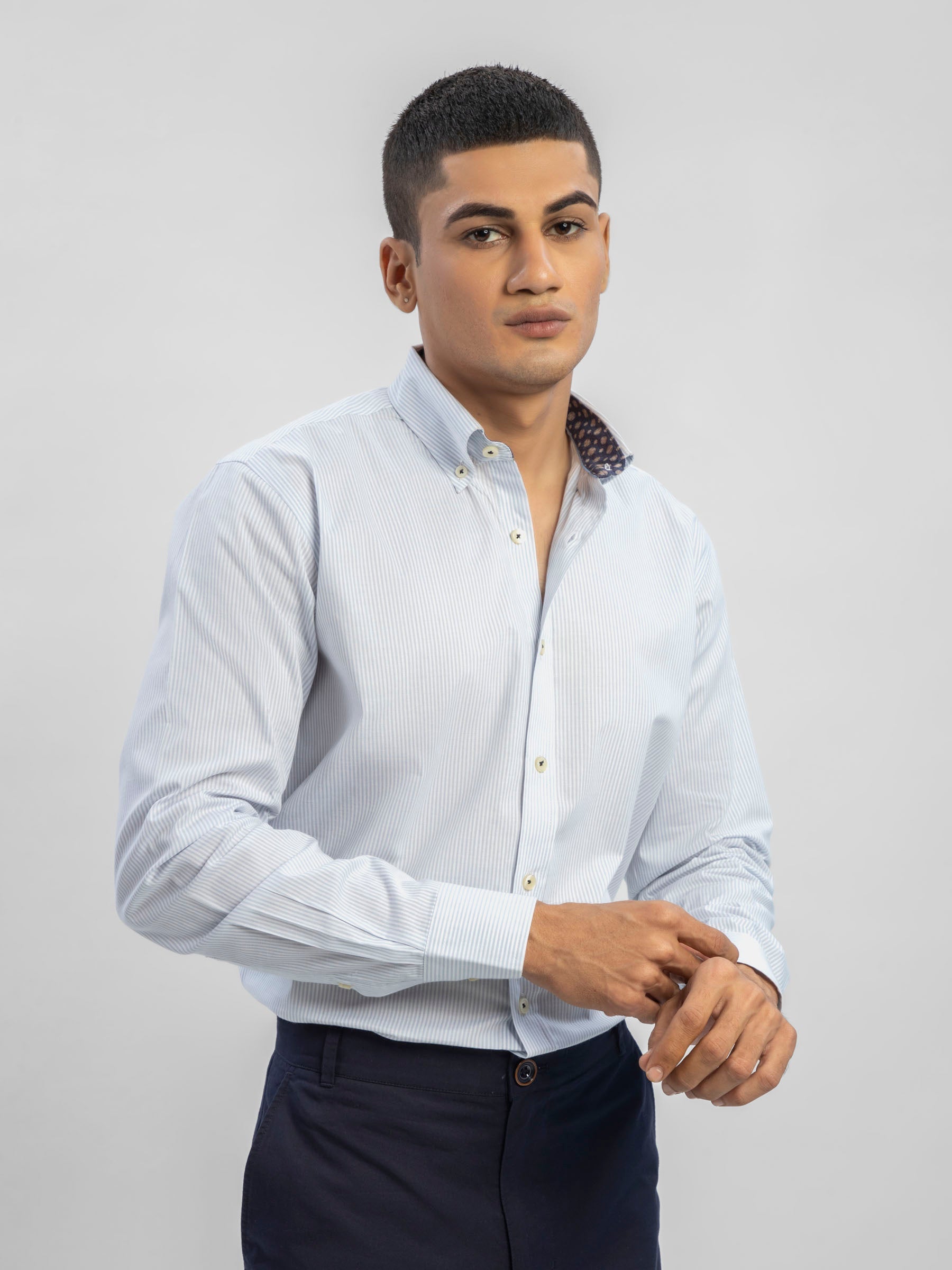 Grey Striped Button Down Shirt With Detailing