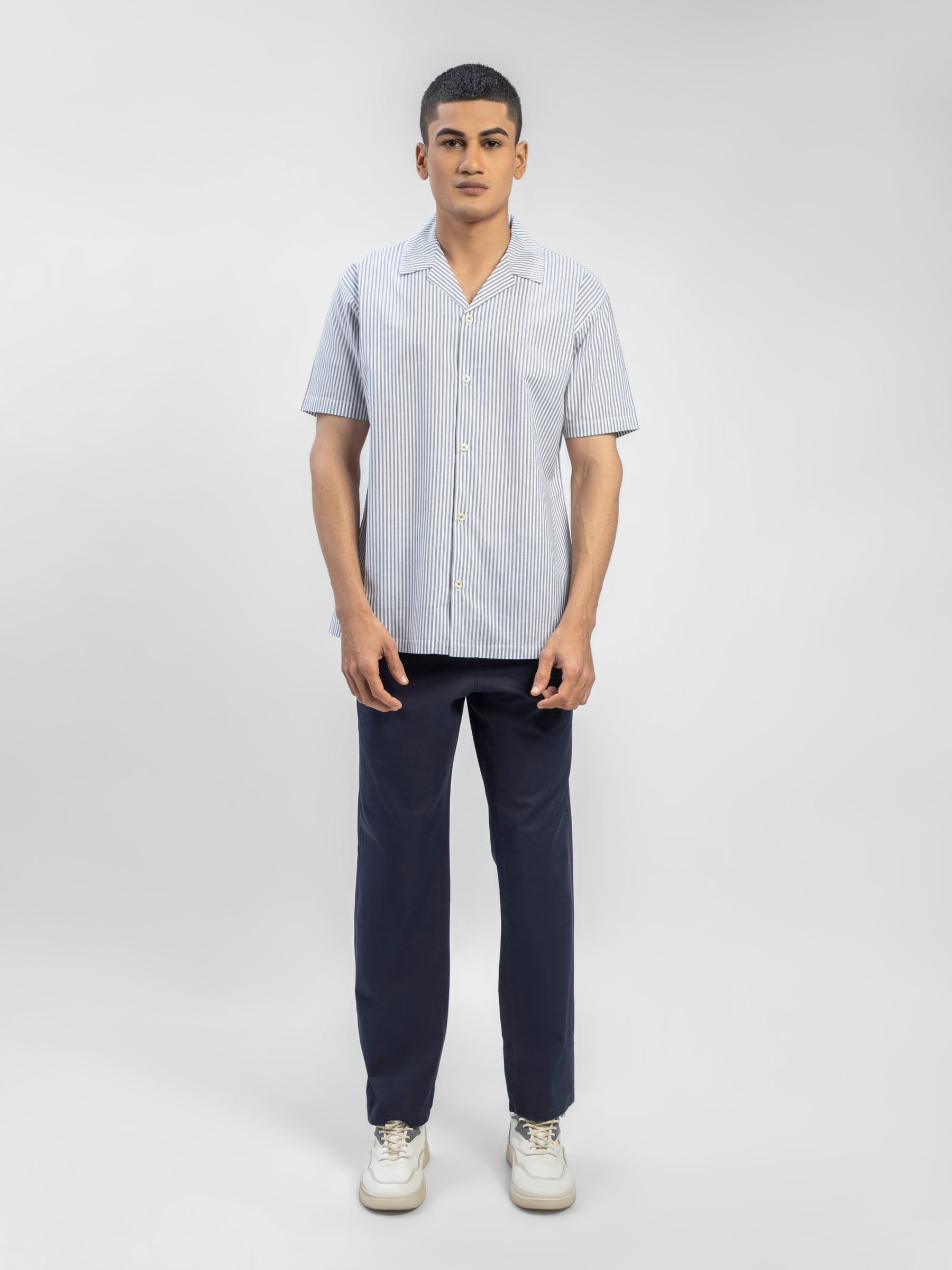 Grey Striped Half Sleeve Cuban Collar Shirt