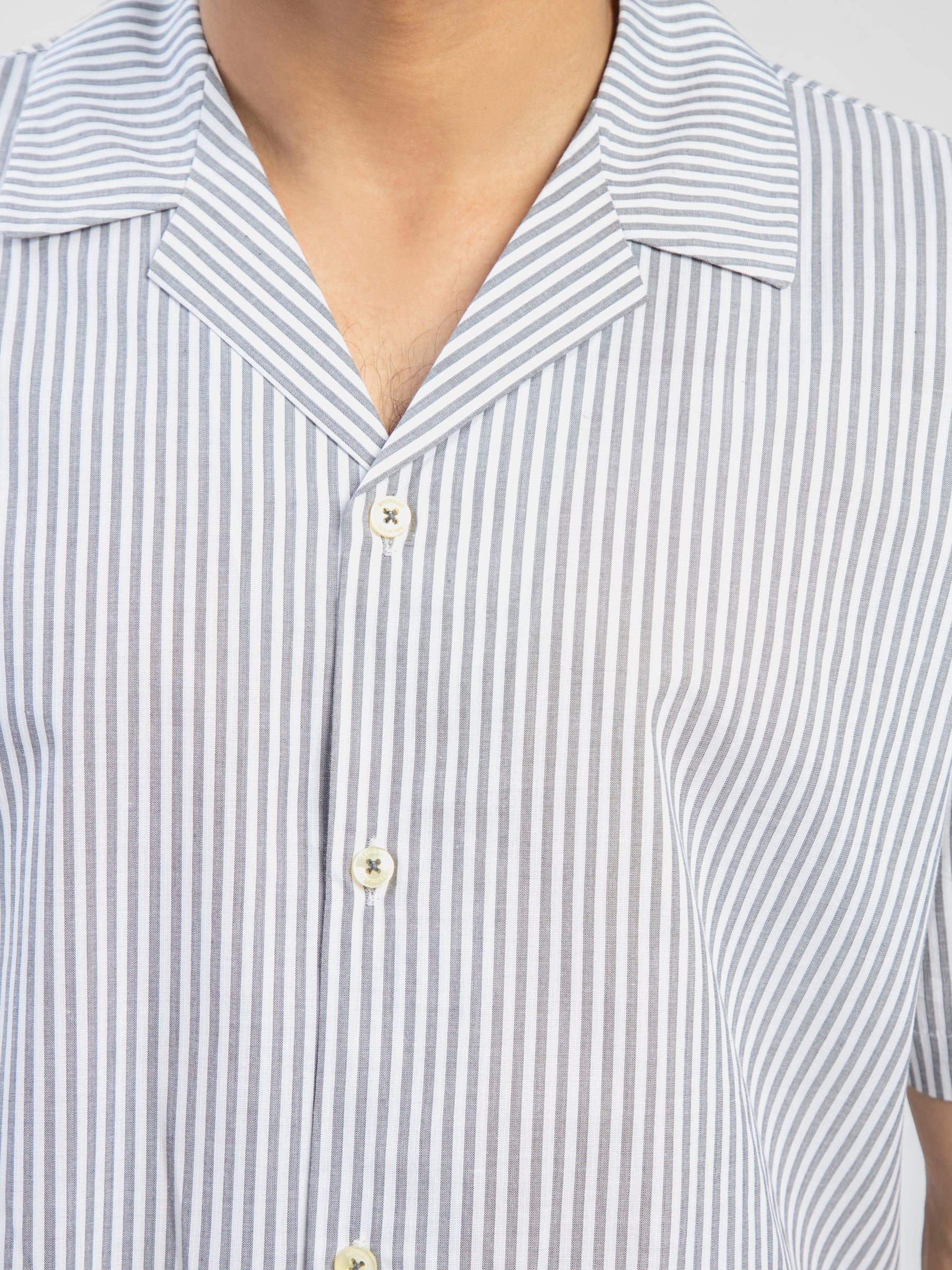Grey Striped Half Sleeve Cuban Collar Shirt
