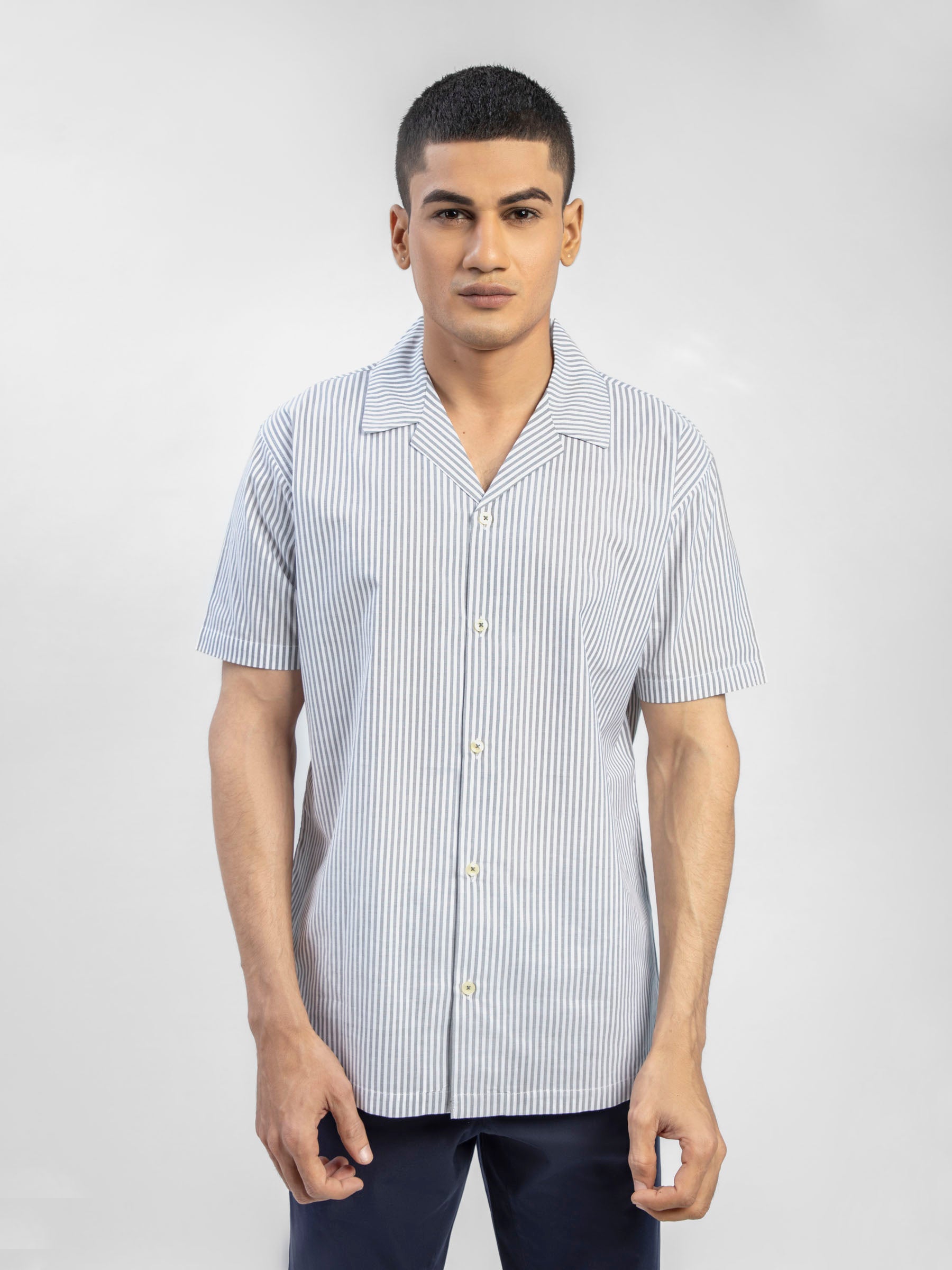 Grey Striped Half Sleeve Cuban Collar Shirt