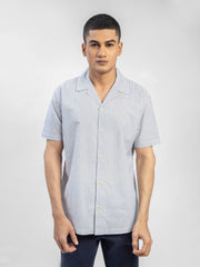 Grey Striped Half Sleeve Cuban Collar Shirt