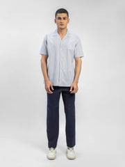 Grey Striped Half Sleeve Cuban Collar Shirt