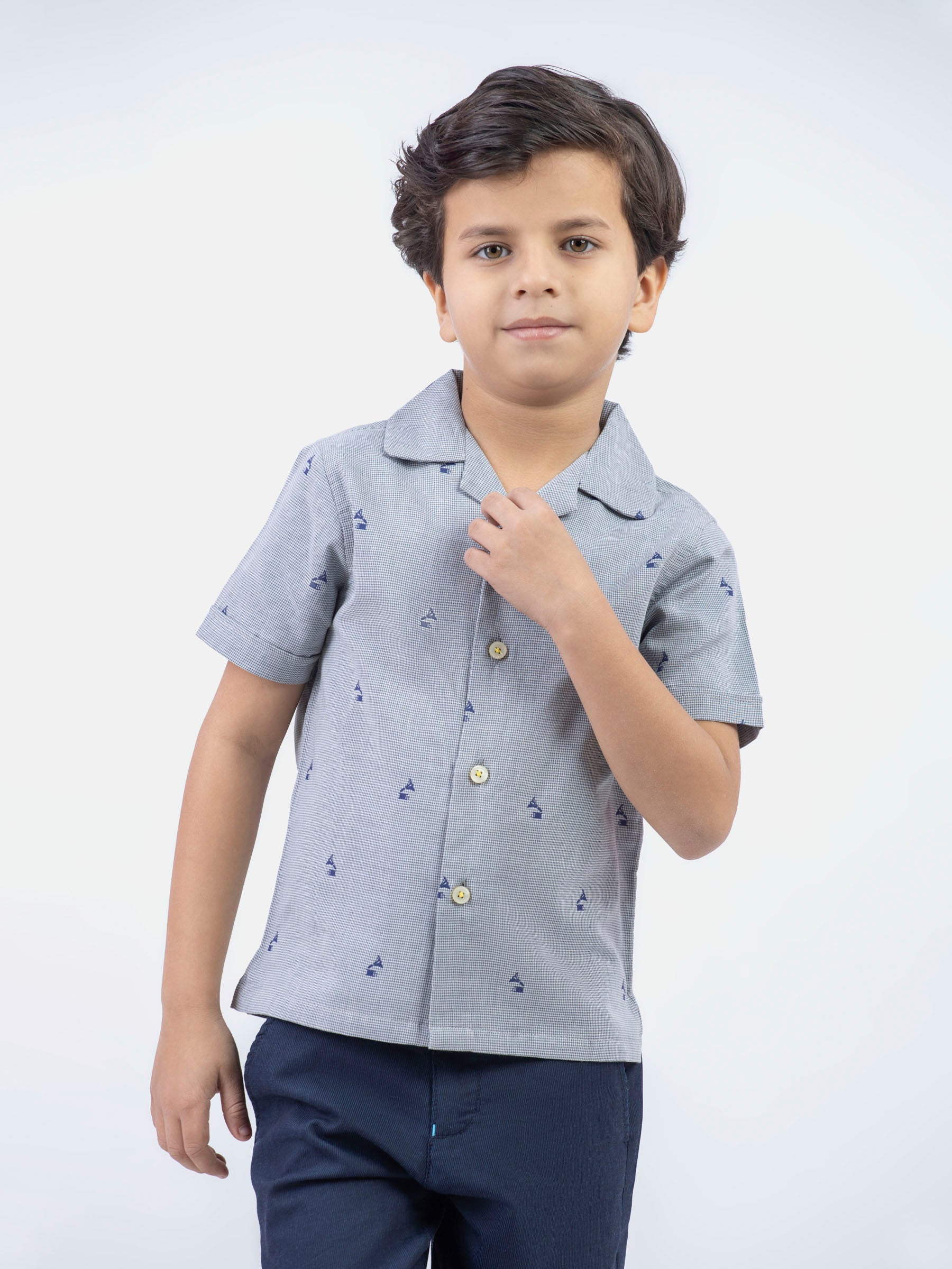 Grey Textured Cuban Collar Half Sleeve Shirt