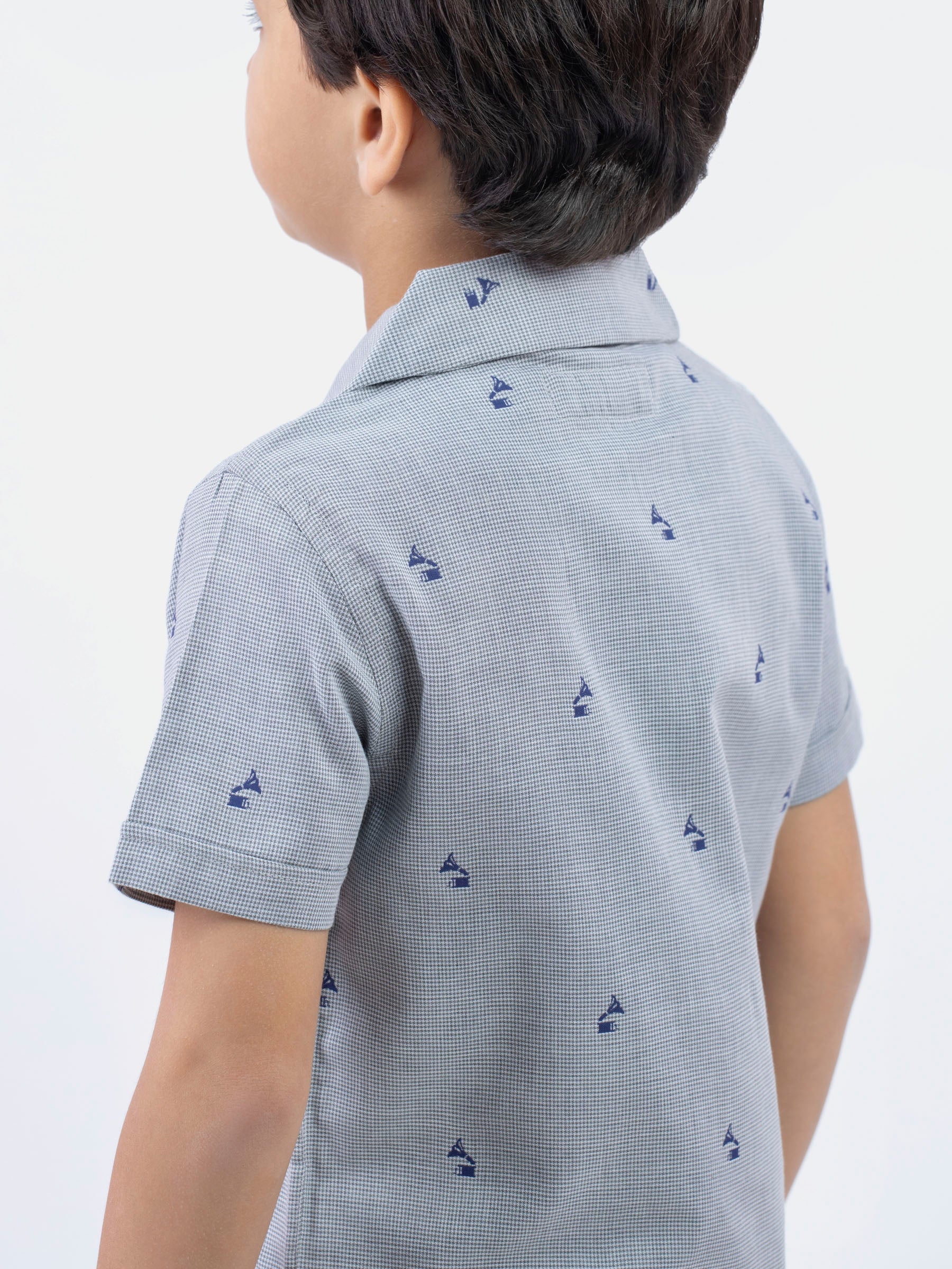 Grey Textured Cuban Collar Half Sleeve Shirt