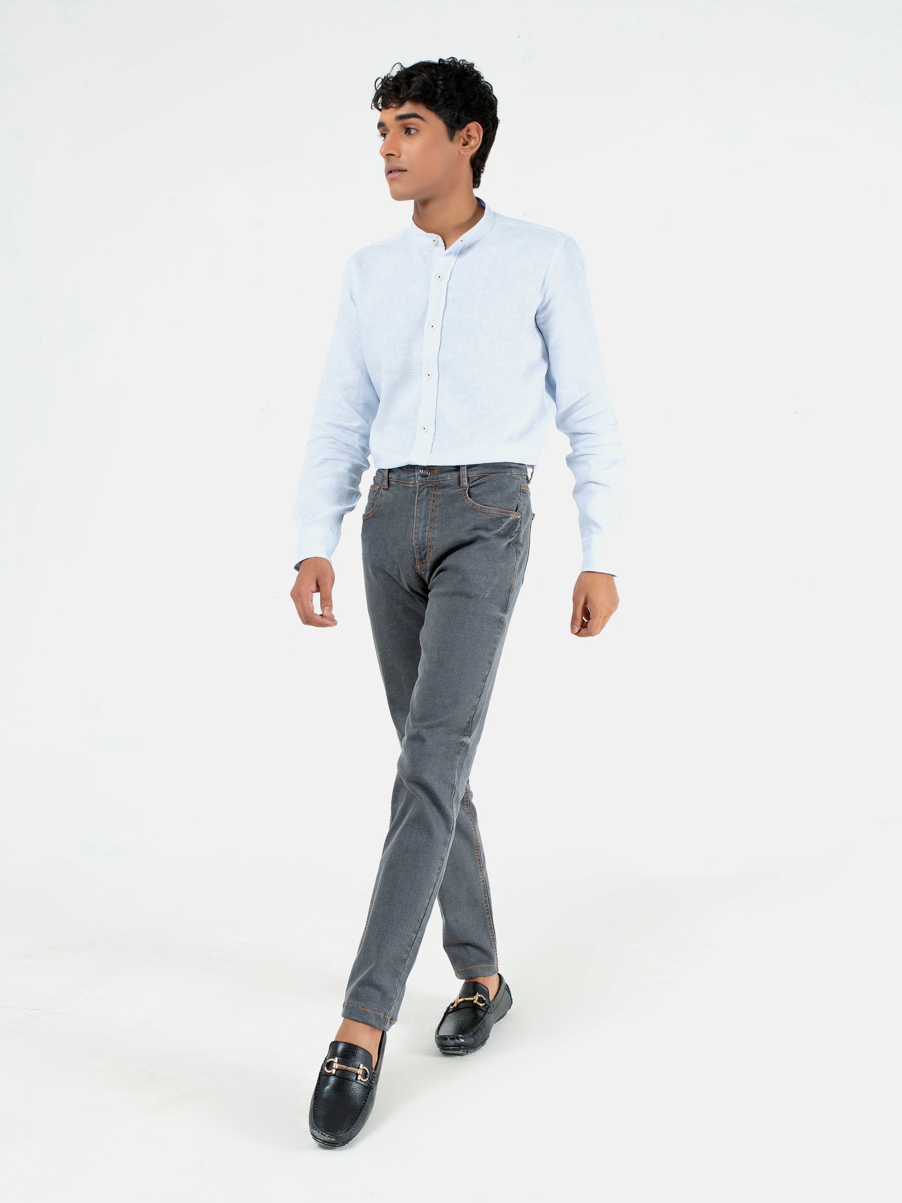 Grey Washed Slim Fit Denim Jeans With Orange Detailing