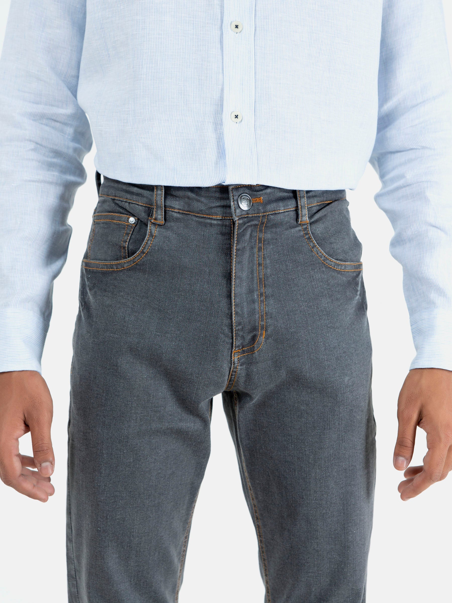 Grey Washed Slim Fit Denim Jeans With Orange Detailing