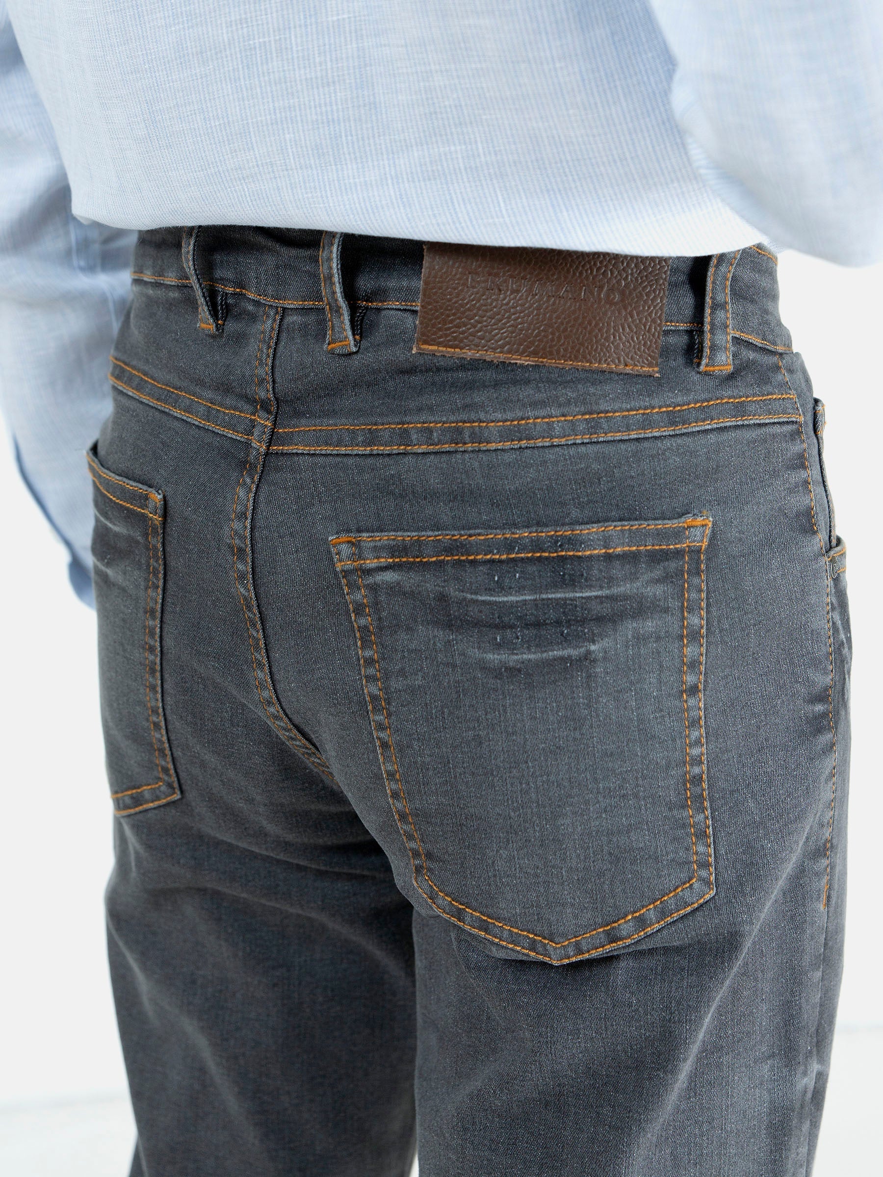 Grey Washed Slim Fit Denim Jeans With Orange Detailing