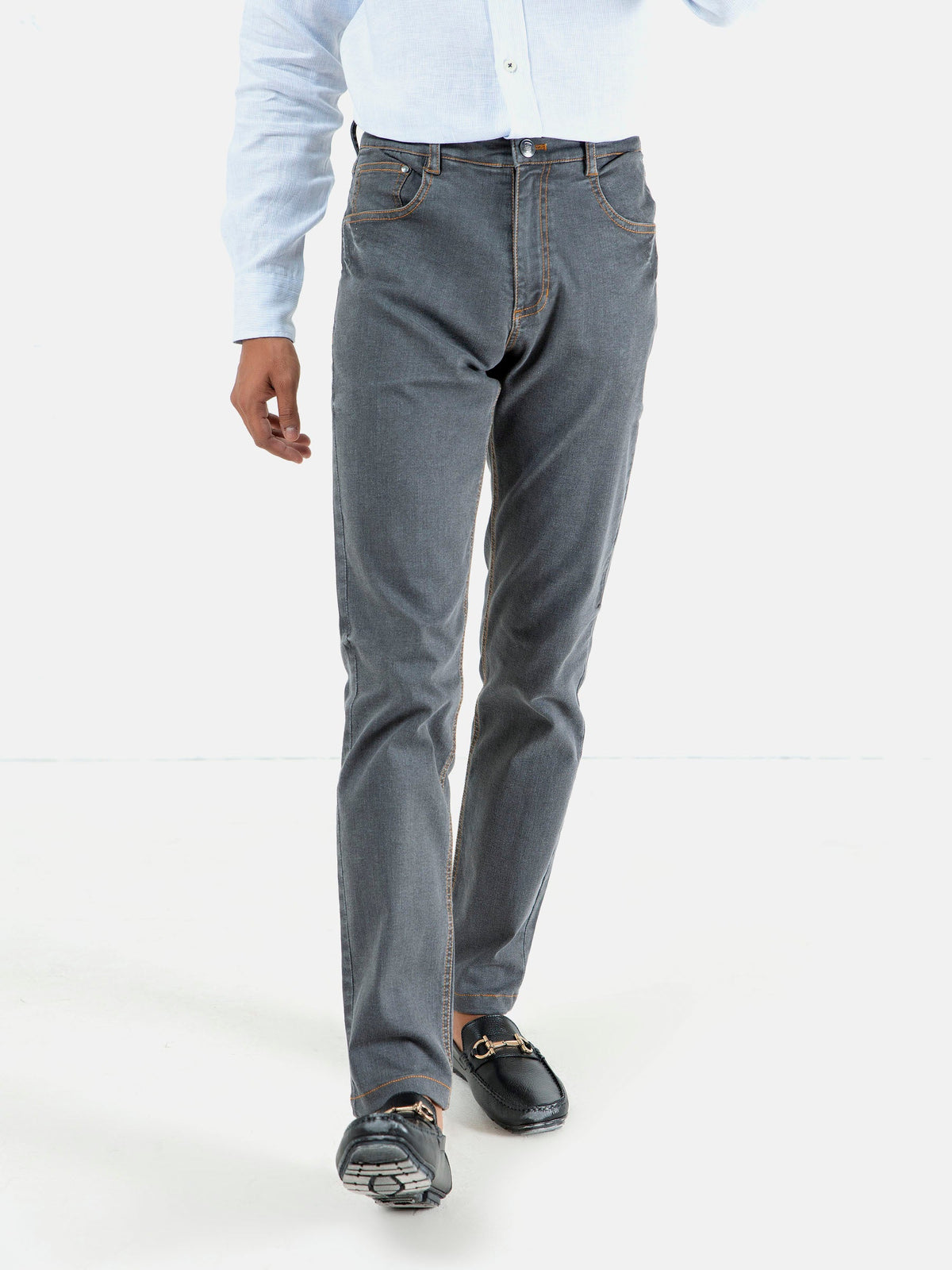 Grey Washed Slim Fit Denim Jeans With Orange Detailing