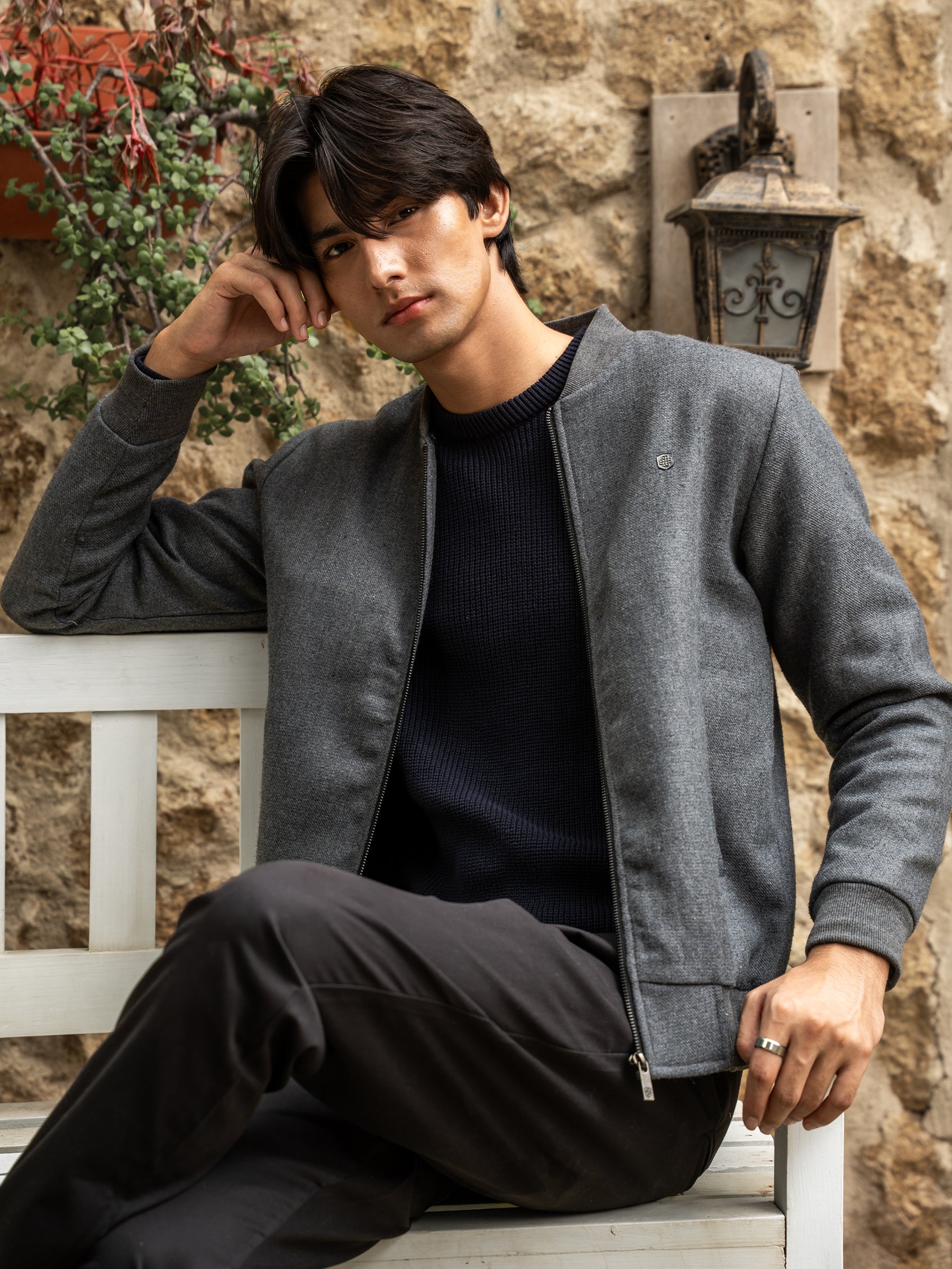 Grey Wool Blended Jacket With Detachable Collar
