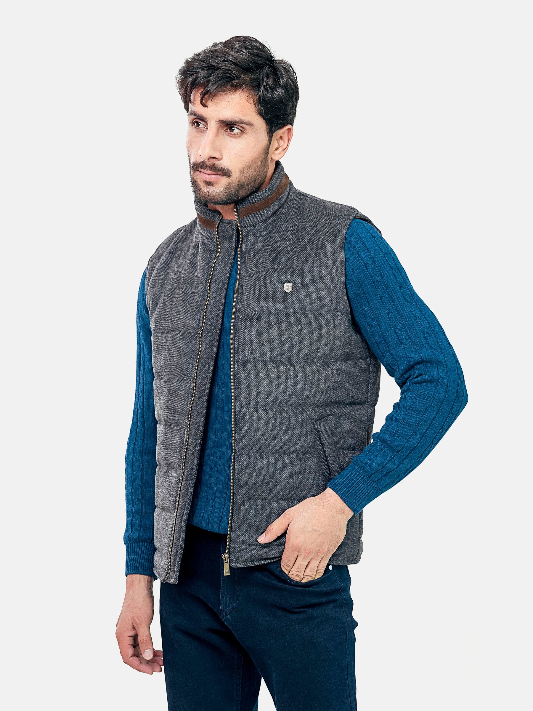 Grey Wool Structured Sleeveless Quilted Jacket