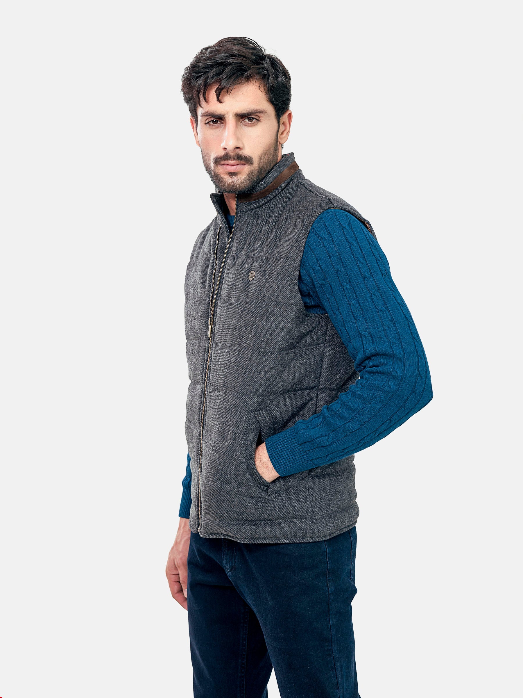 Grey Wool Structured Sleeveless Quilted Jacket