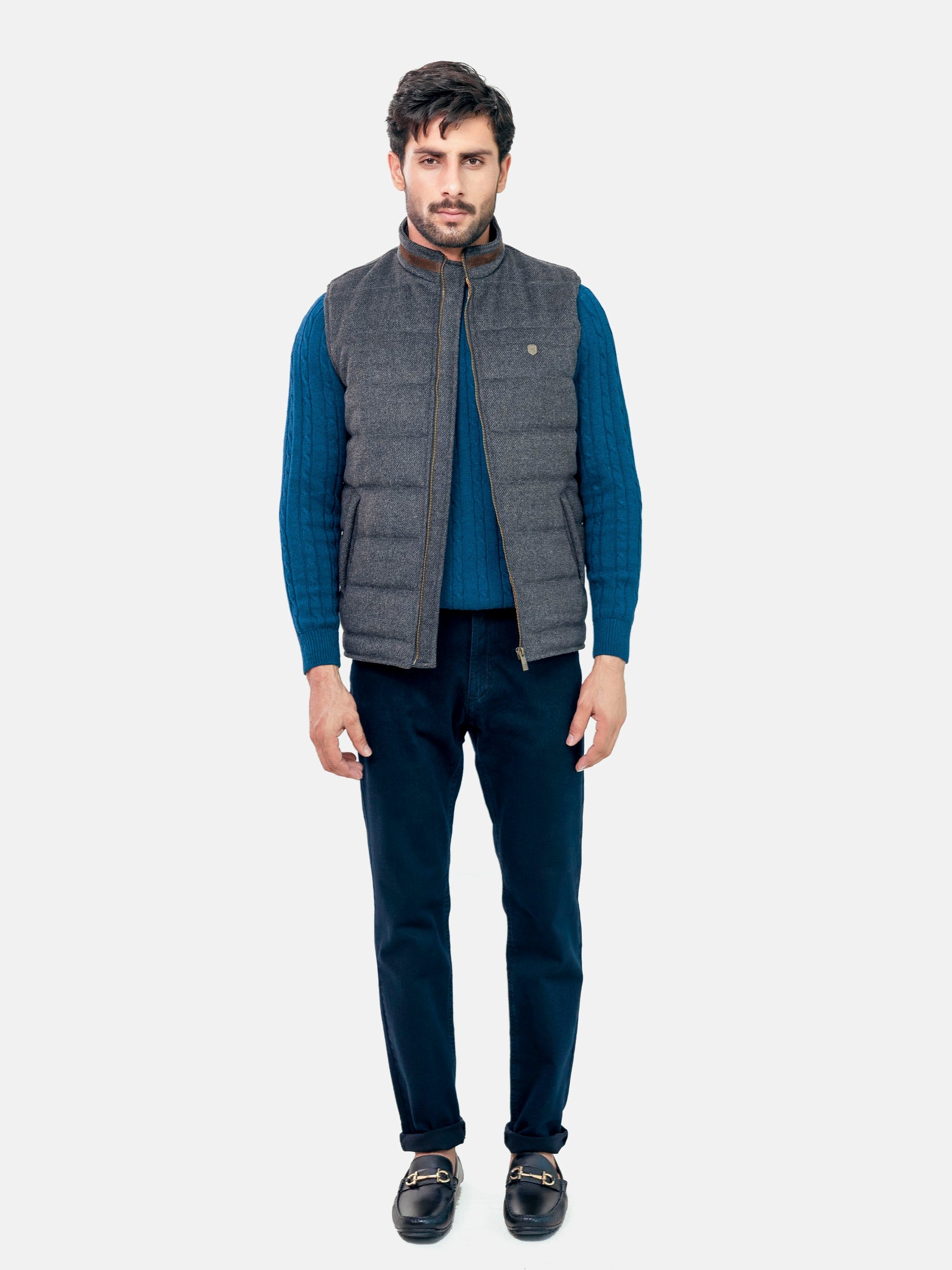 Grey Wool Structured Sleeveless Quilted Jacket