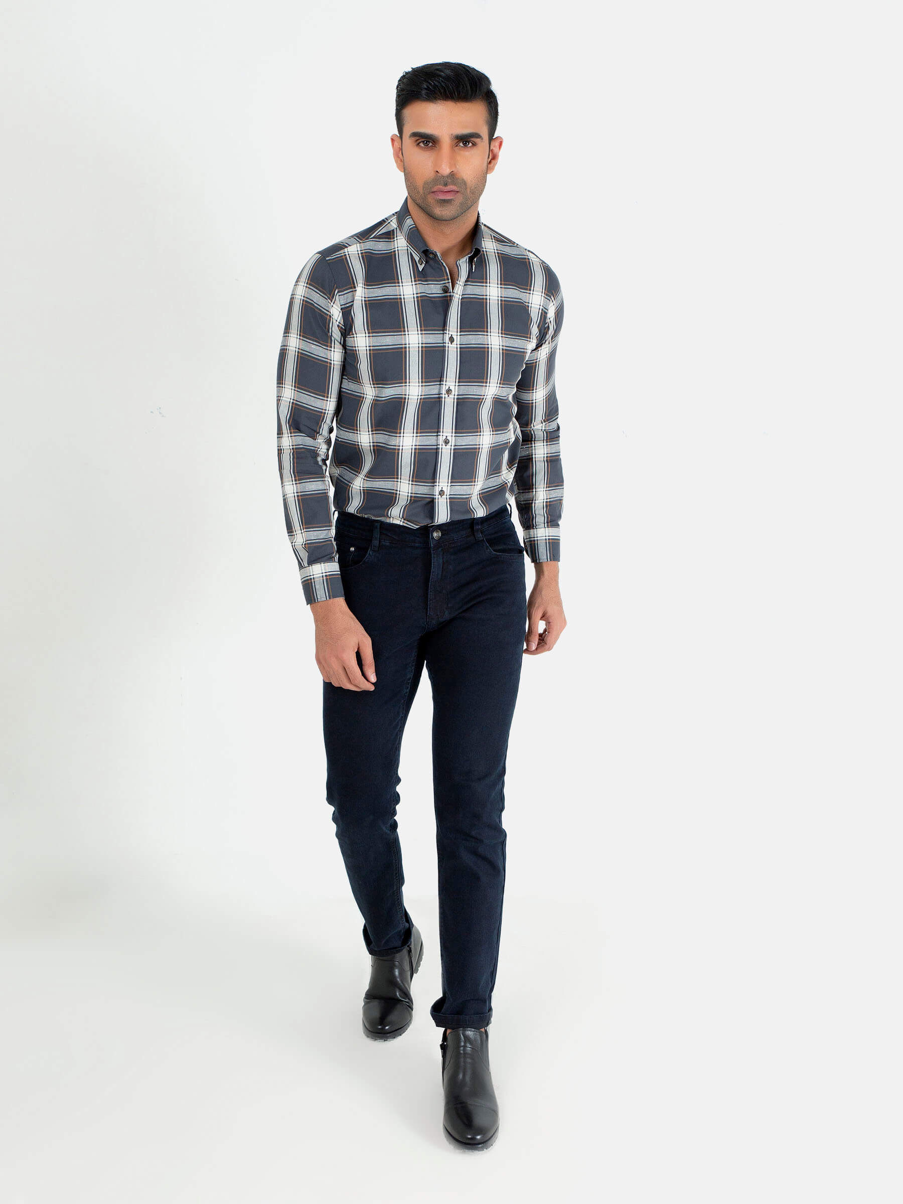 Grey & Beige Large Checkered Button Down Shirt