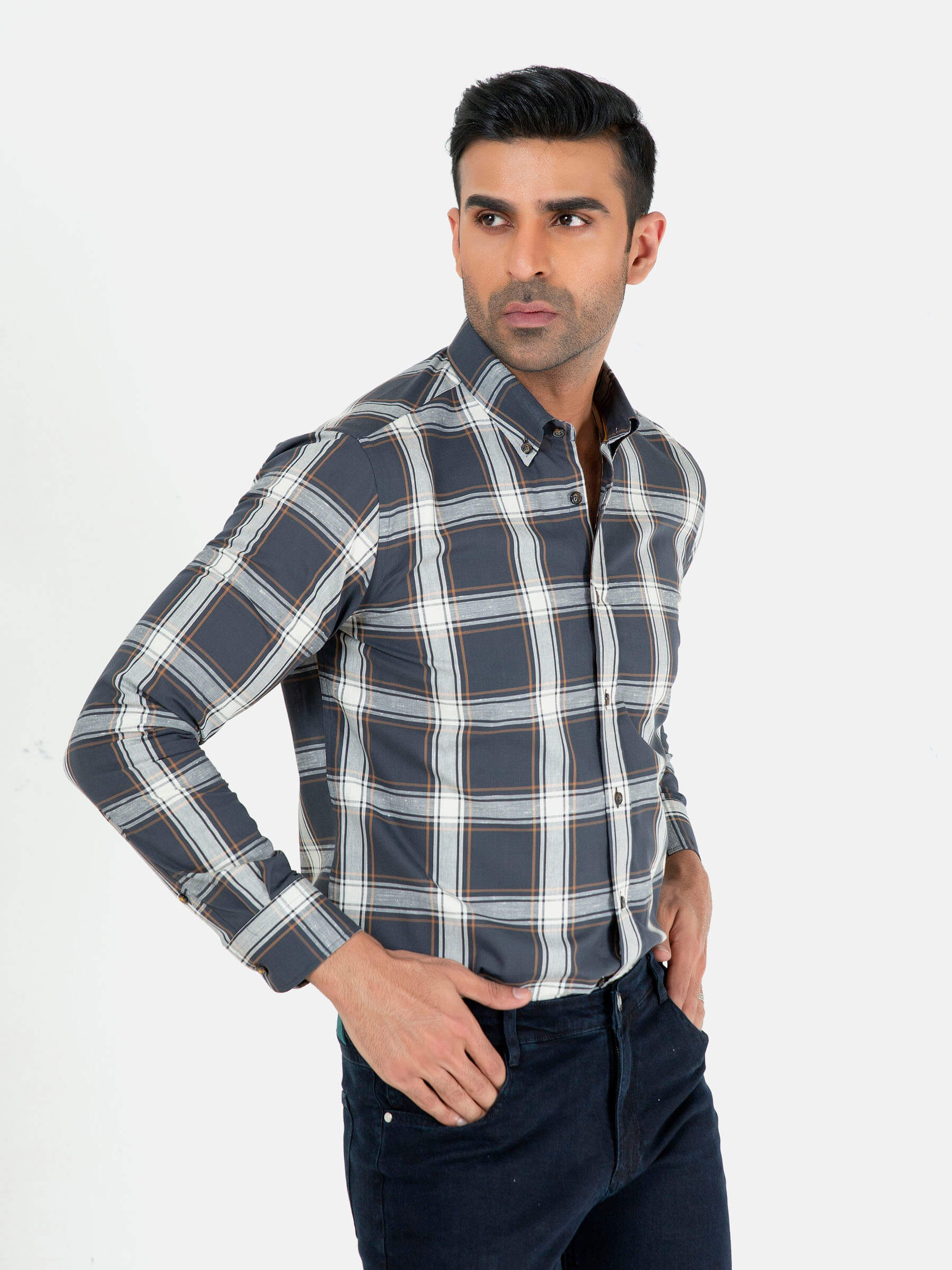 Grey & Beige Large Checkered Button Down Shirt