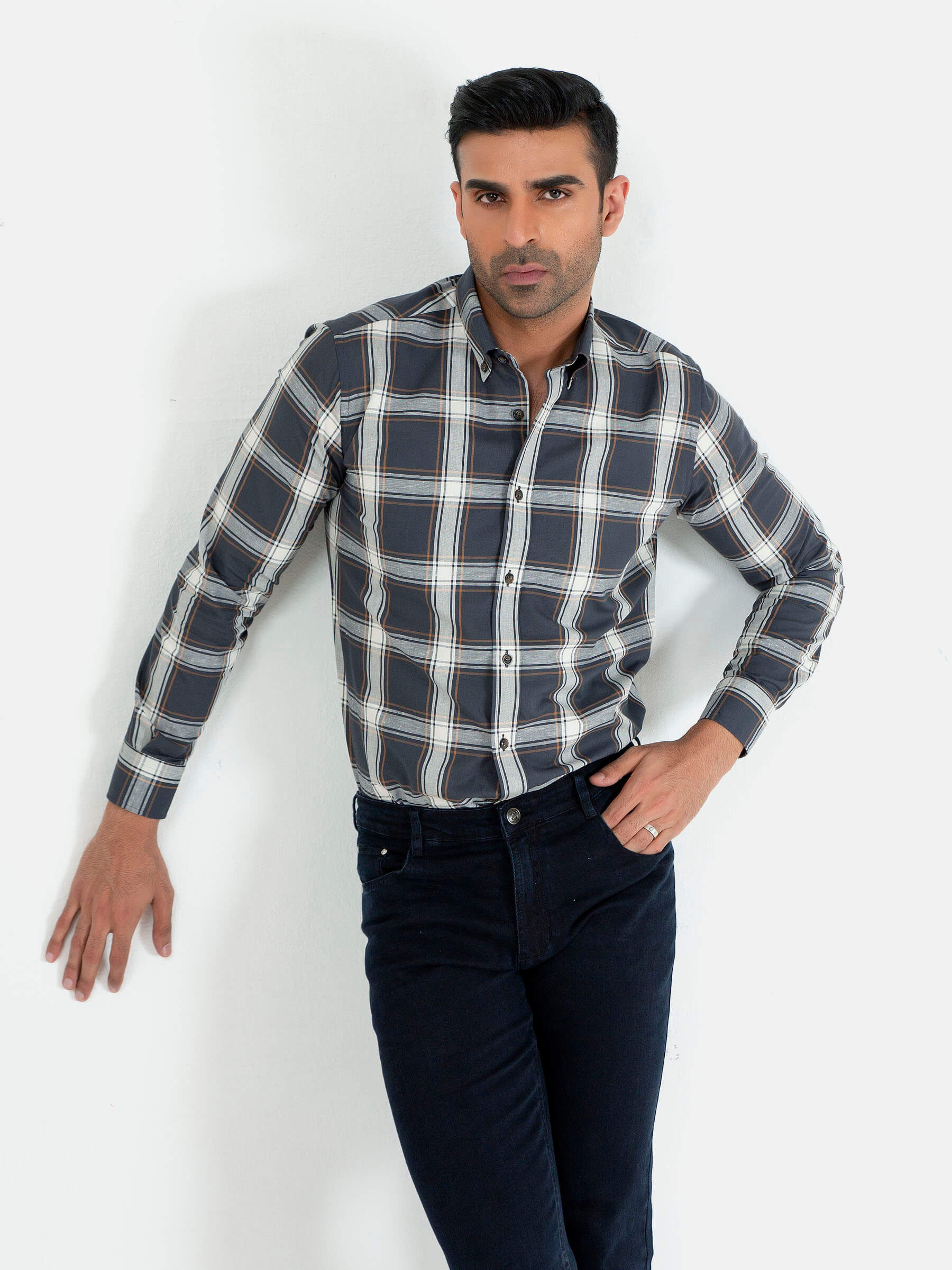 Grey & Beige Large Checkered Button Down Shirt
