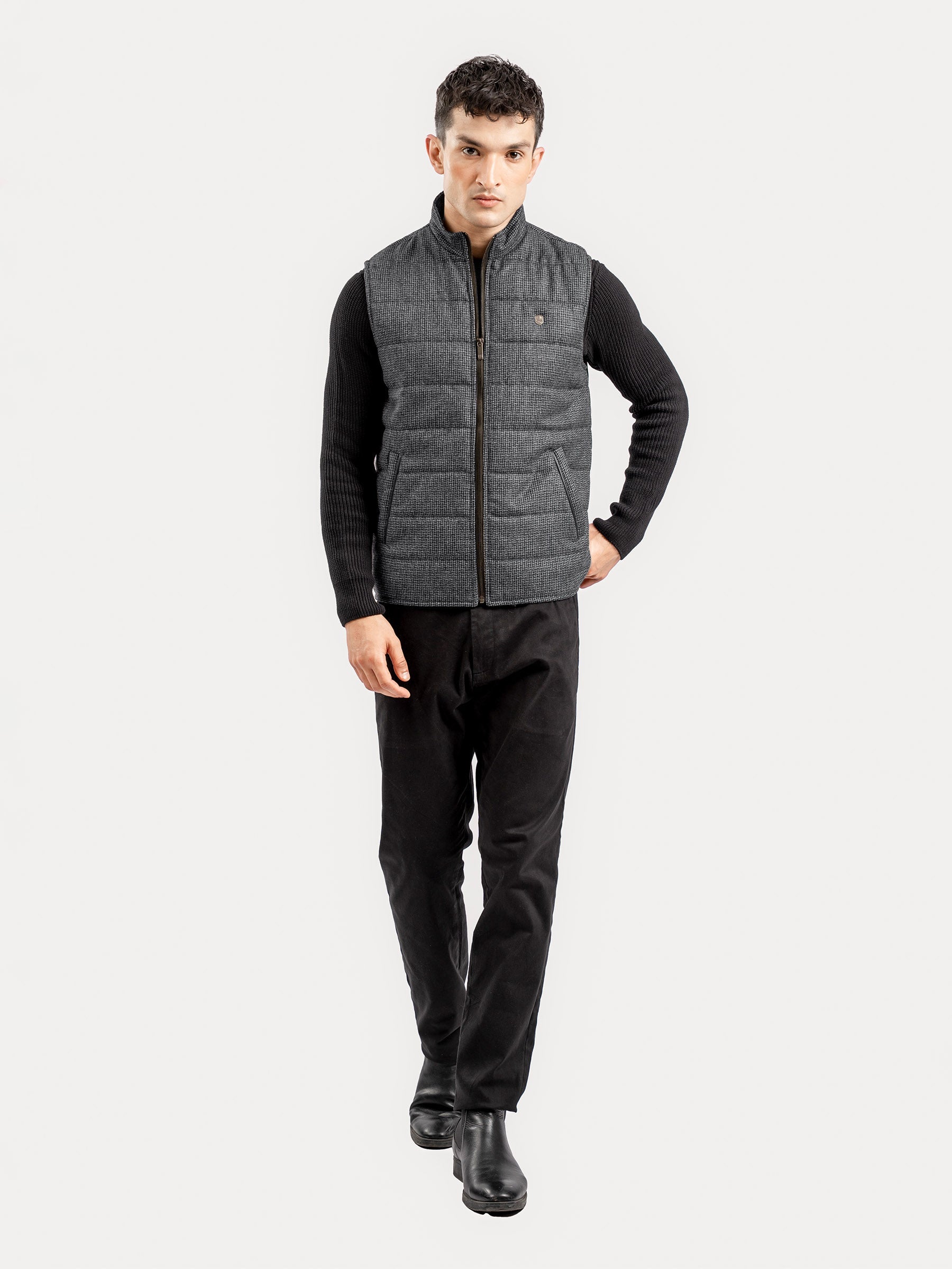 Grey & Black Patterned Wool Structured Sleeveless Zipper Jacket