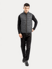 Grey & Black Patterned Wool Structured Sleeveless Zipper Jacket