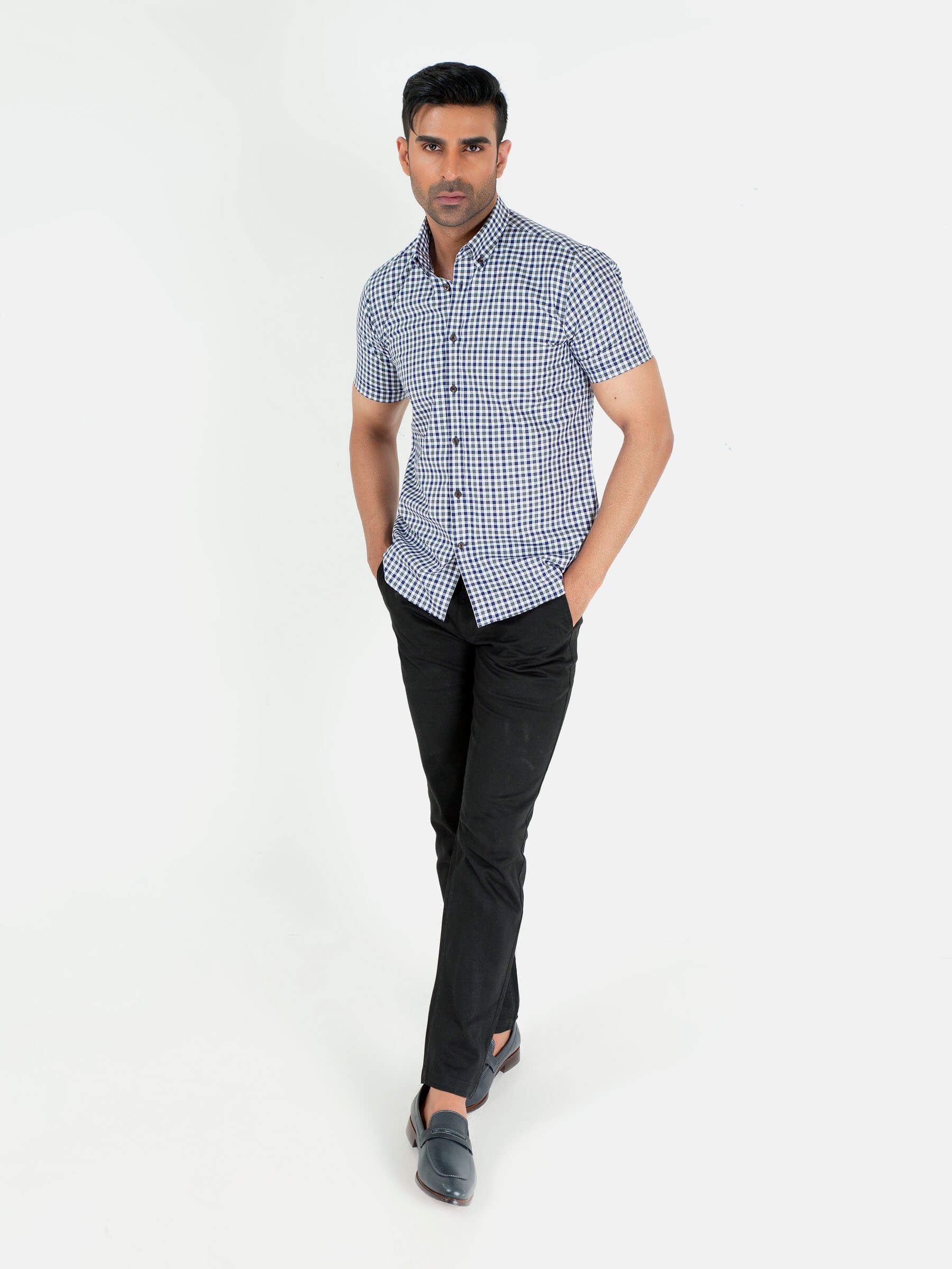 Grey & Blue Gingham Half Sleeve Shirt