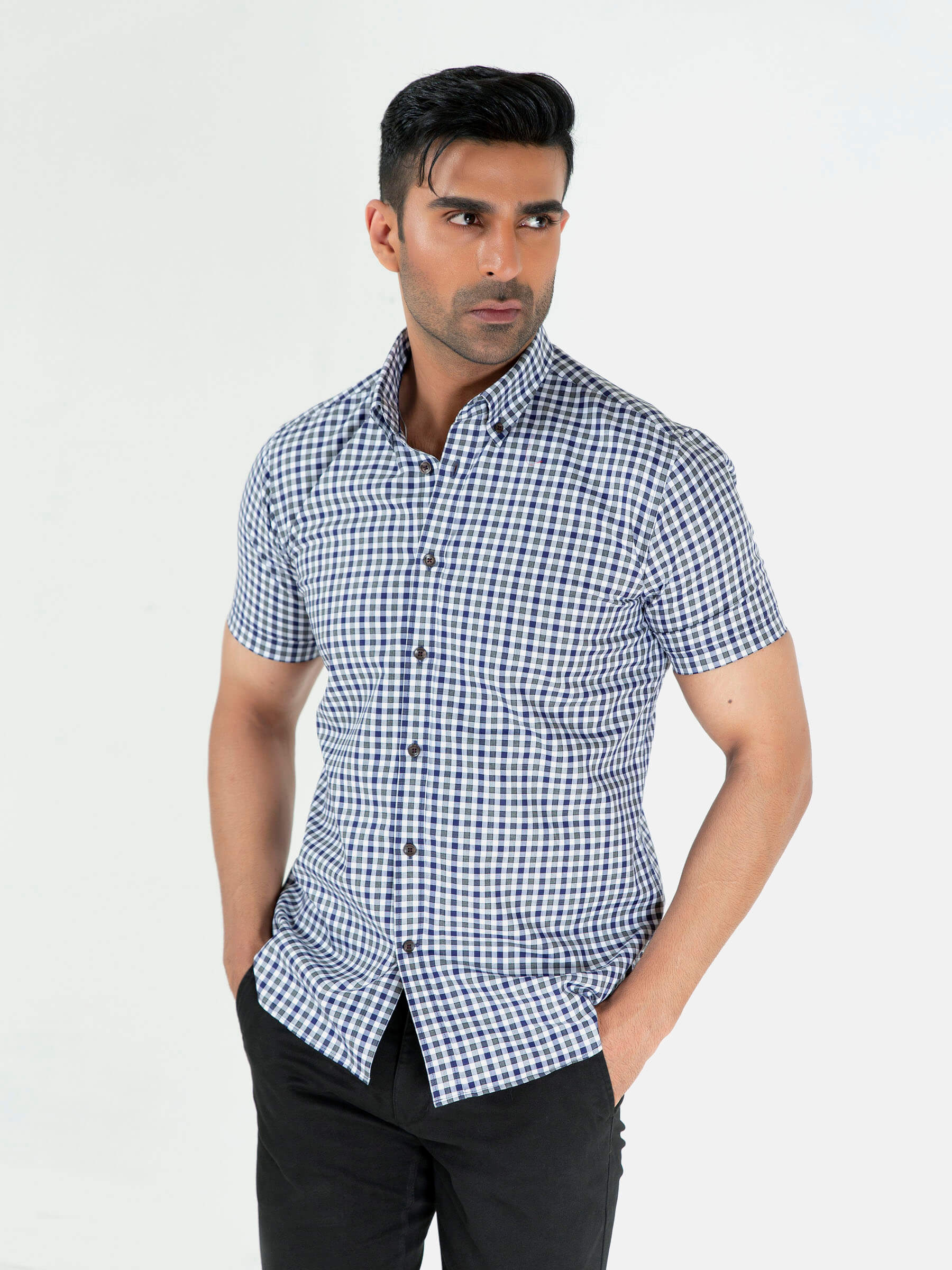 Grey & Blue Gingham Half Sleeve Shirt