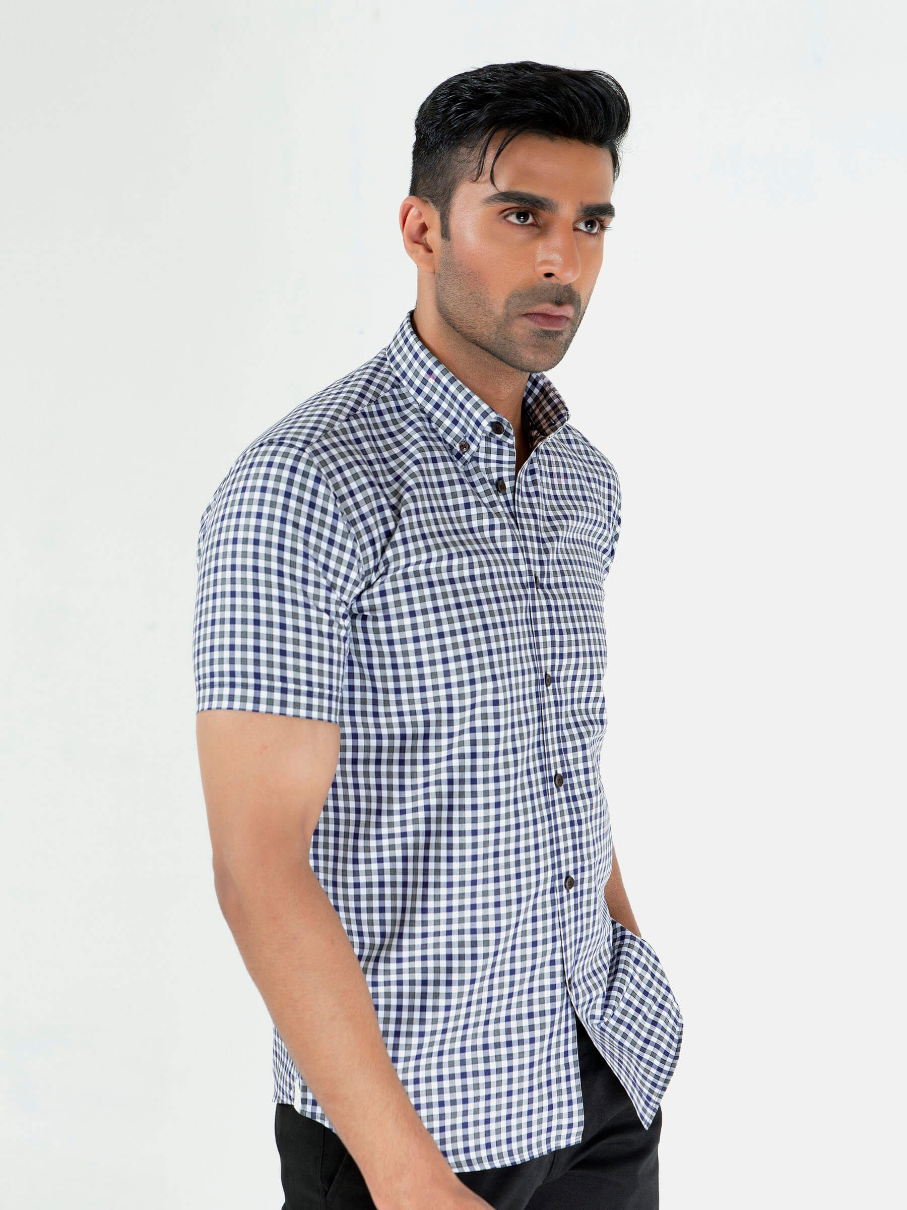 Grey & Blue Gingham Half Sleeve Shirt