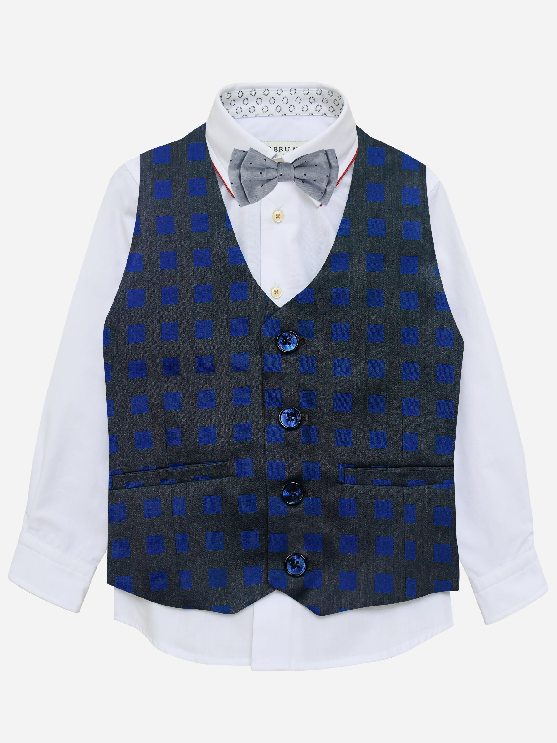 Grey & Blue Square Patterned Suit Vest With Bow