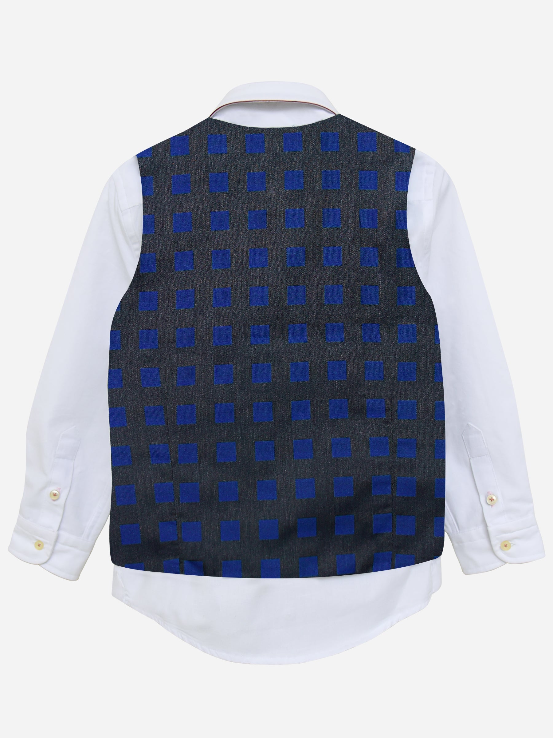 Grey & Blue Square Patterned Suit Vest With Bow