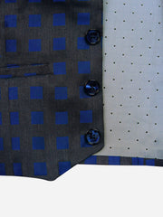 Grey & Blue Square Patterned Suit Vest With Bow