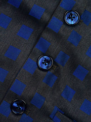 Grey & Blue Square Patterned Suit Vest With Bow