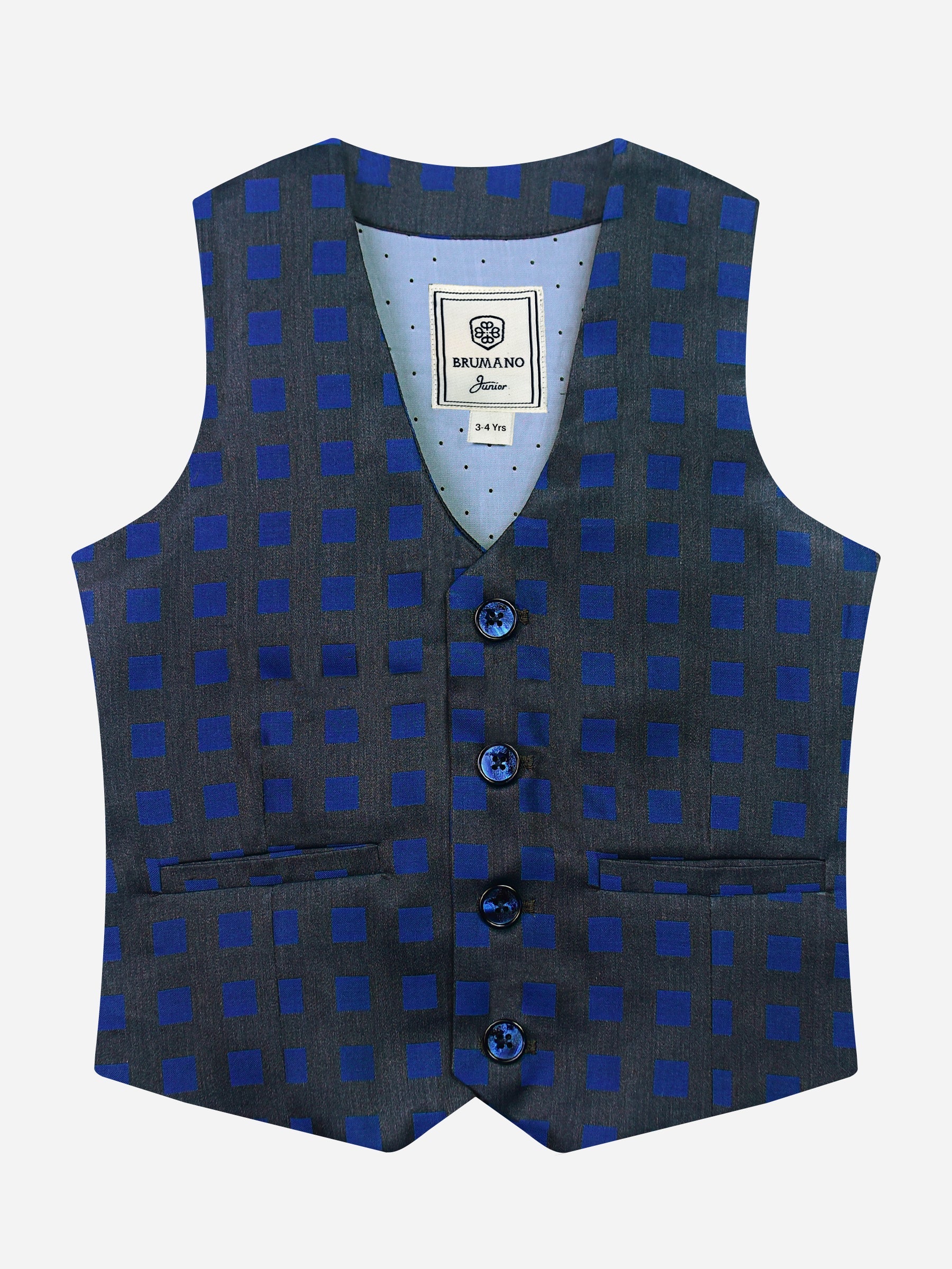 Grey & Blue Square Patterned Suit Vest With Bow