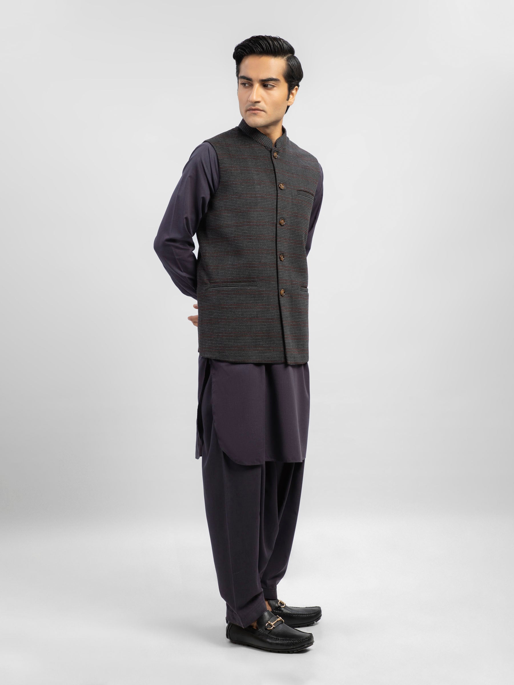 Grey & Maroon Checkered Wool Blended Waistcoat
