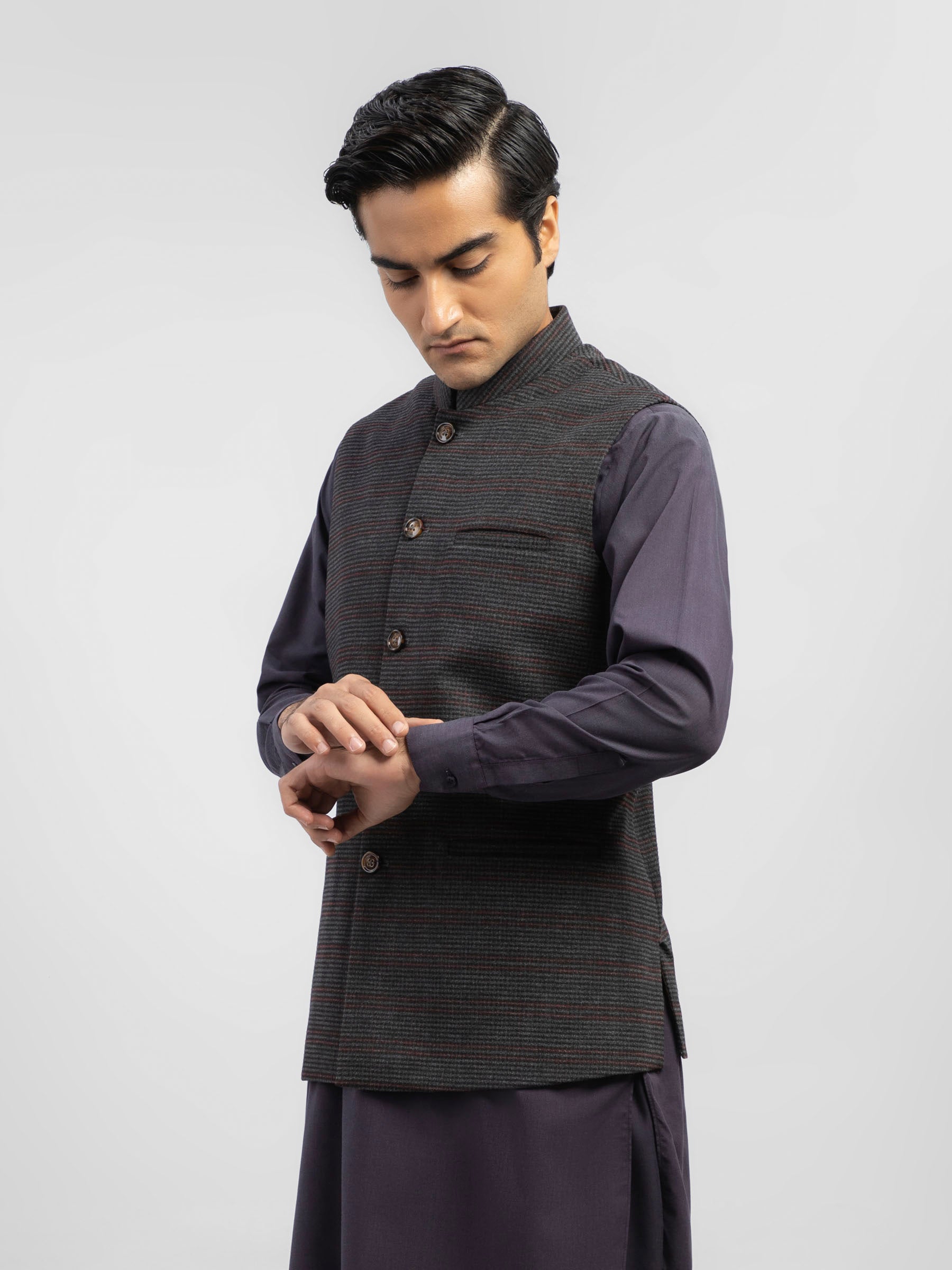 Grey & Maroon Checkered Wool Blended Waistcoat
