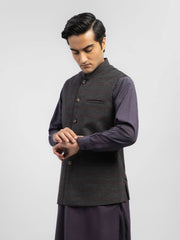 Grey & Maroon Checkered Wool Blended Waistcoat