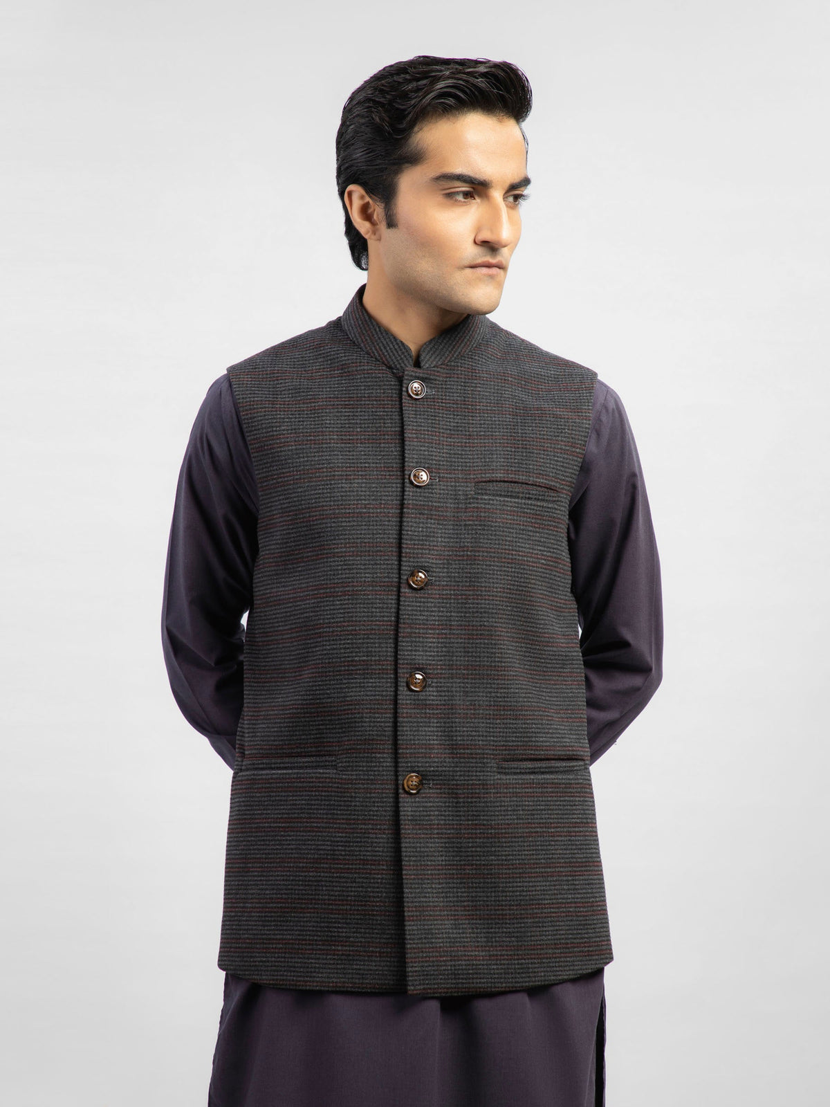 Grey & Maroon Checkered Wool Blended Waistcoat