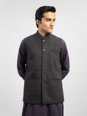 Grey & Maroon Checkered Wool Blended Waistcoat