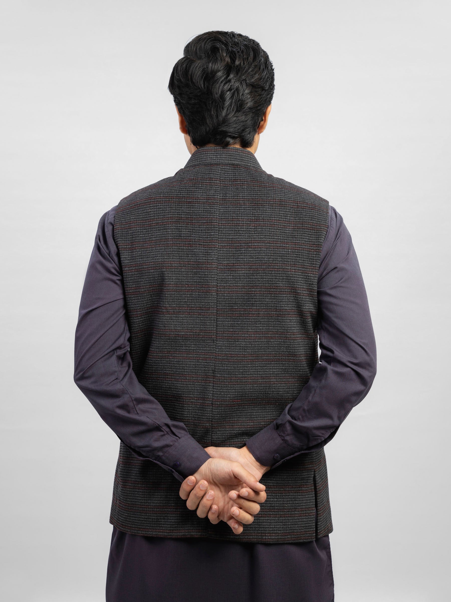 Grey & Maroon Checkered Wool Blended Waistcoat