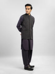 Grey & Maroon Checkered Wool Blended Waistcoat