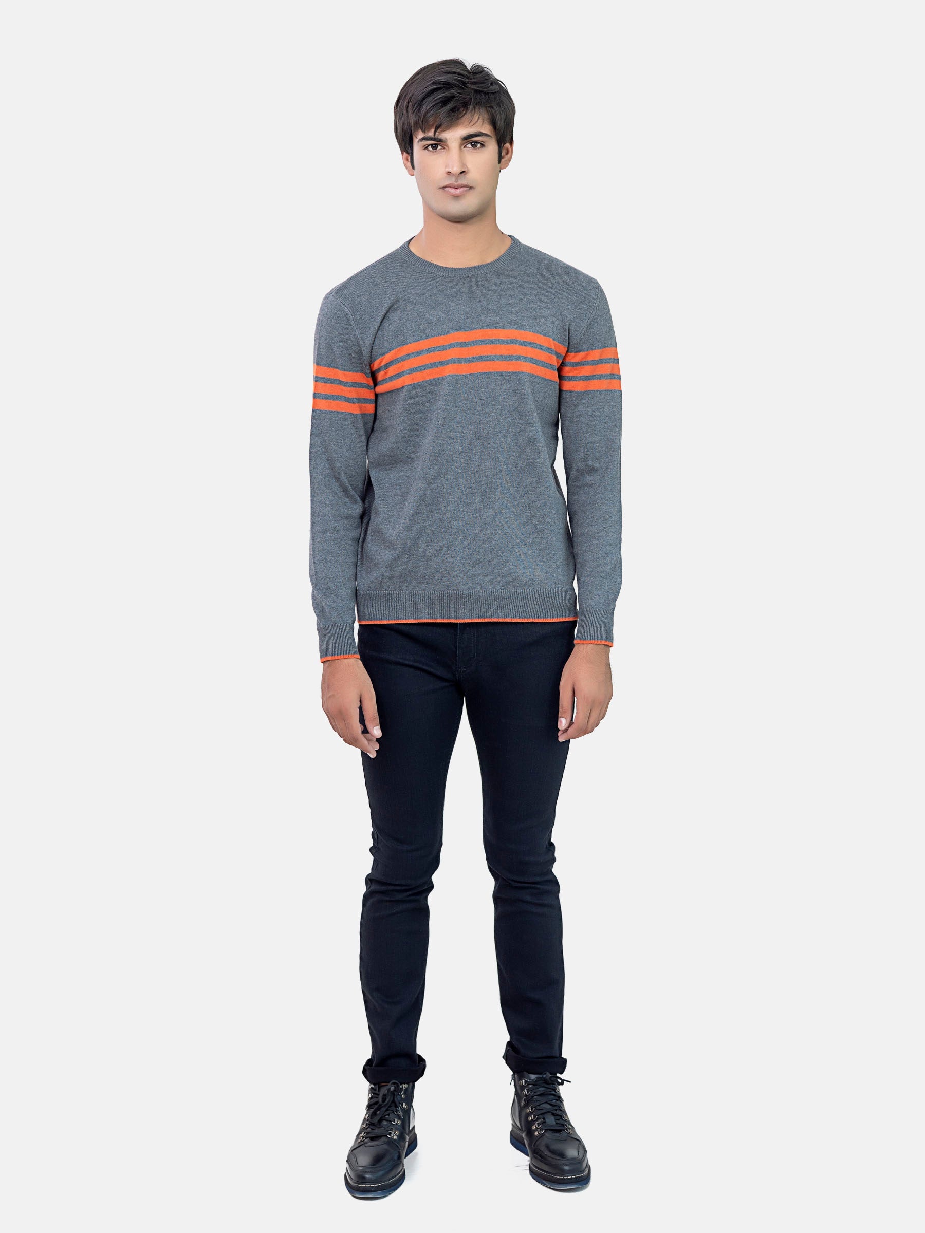 Grey & Orange Striped Crew Neck Jumper