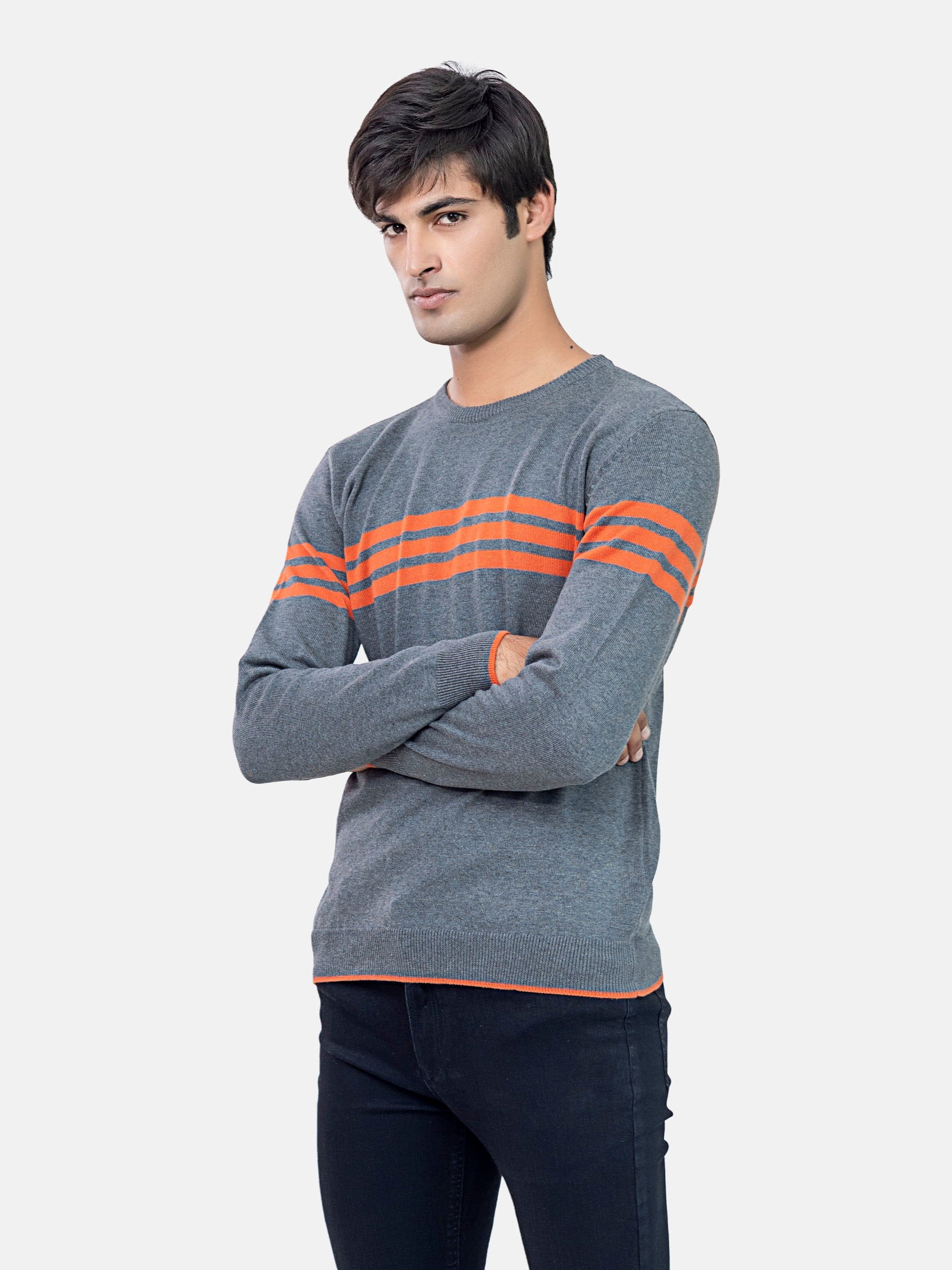 Grey & Orange Striped Crew Neck Jumper