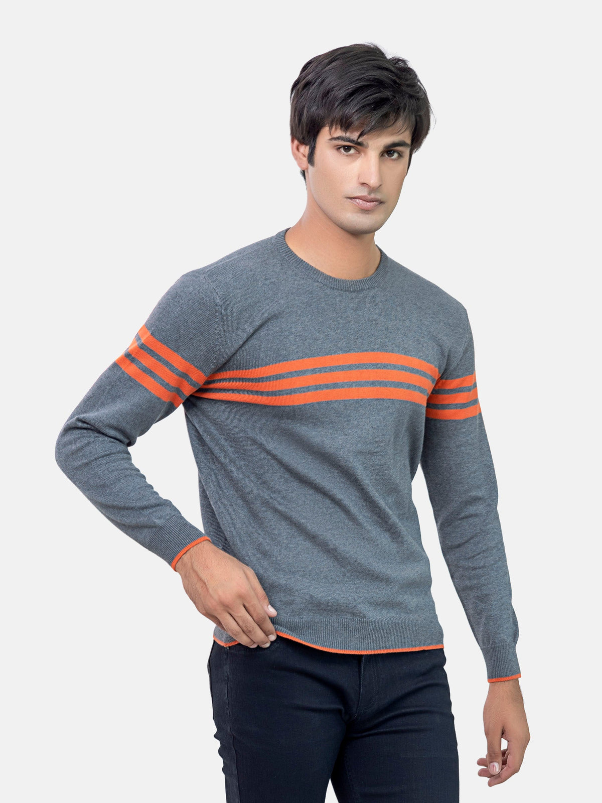 Grey & Orange Striped Crew Neck Jumper