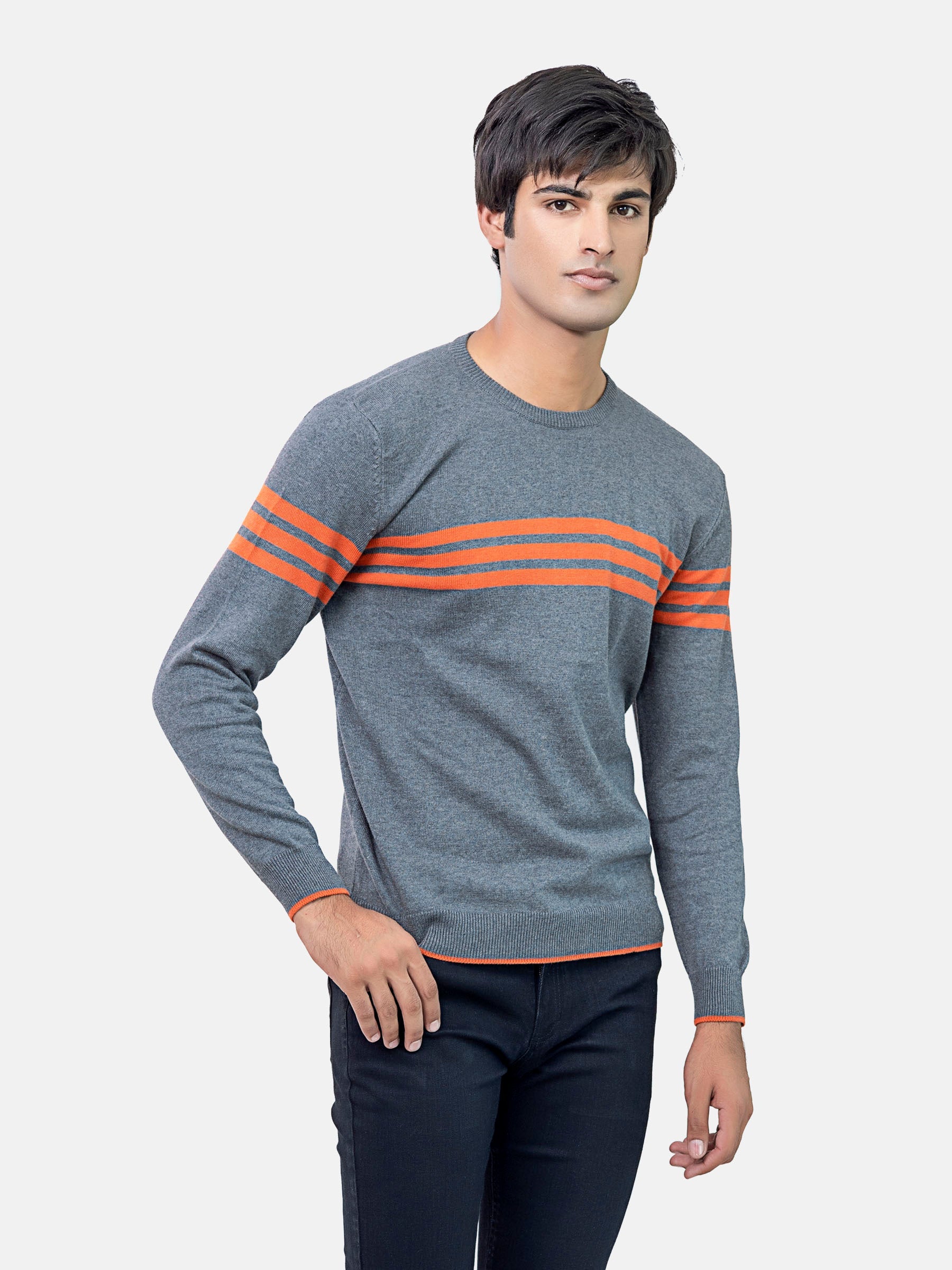 Grey & Orange Striped Crew Neck Jumper