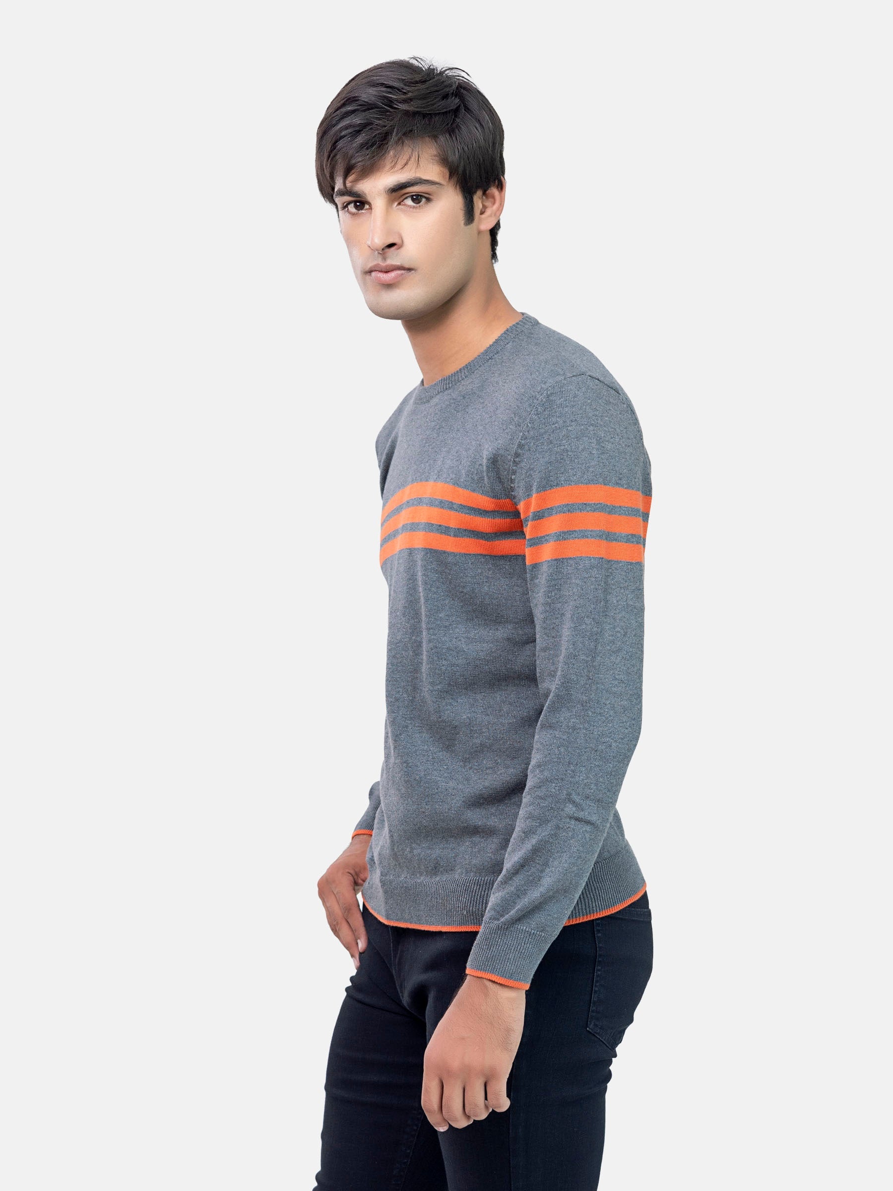 Grey & Orange Striped Crew Neck Jumper