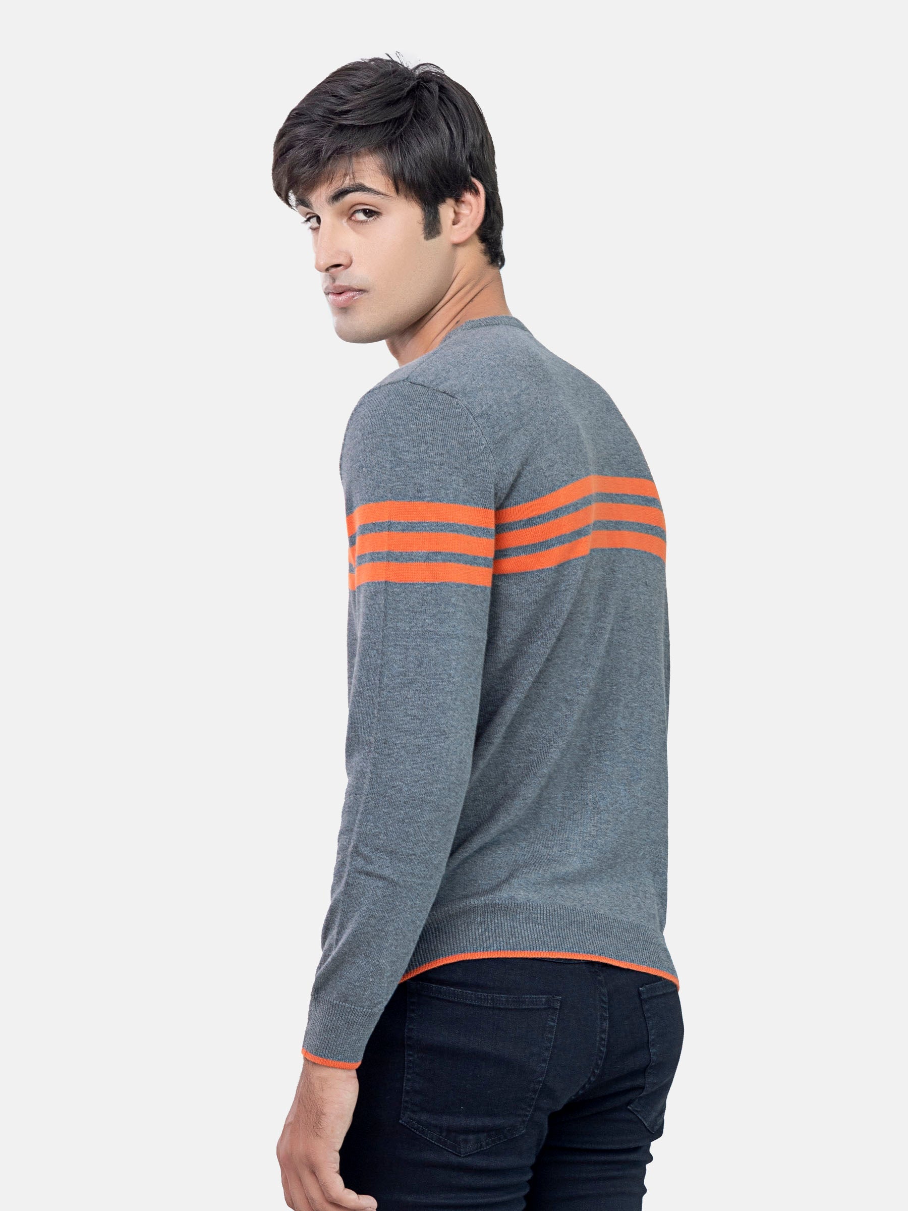 Grey & Orange Striped Crew Neck Jumper