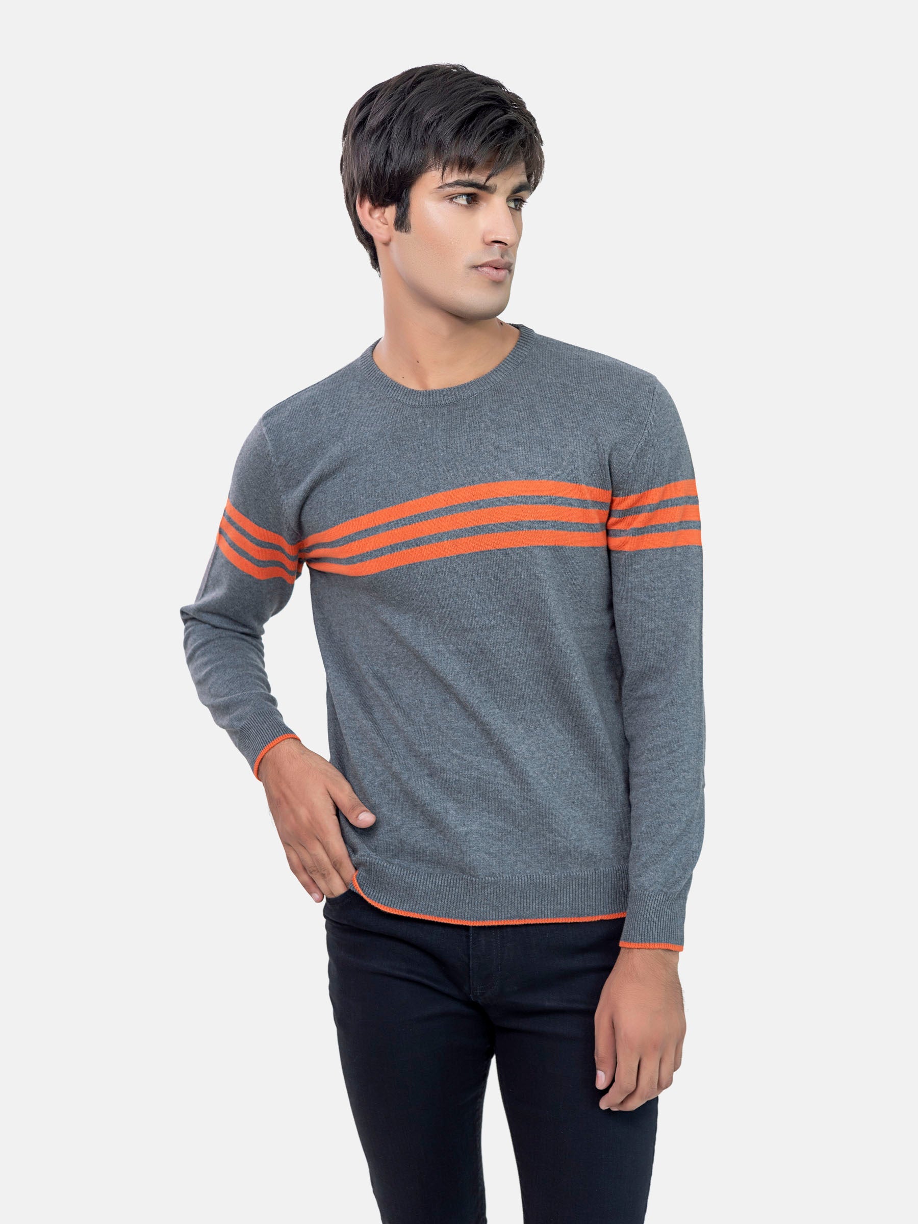 Grey & Orange Striped Crew Neck Jumper