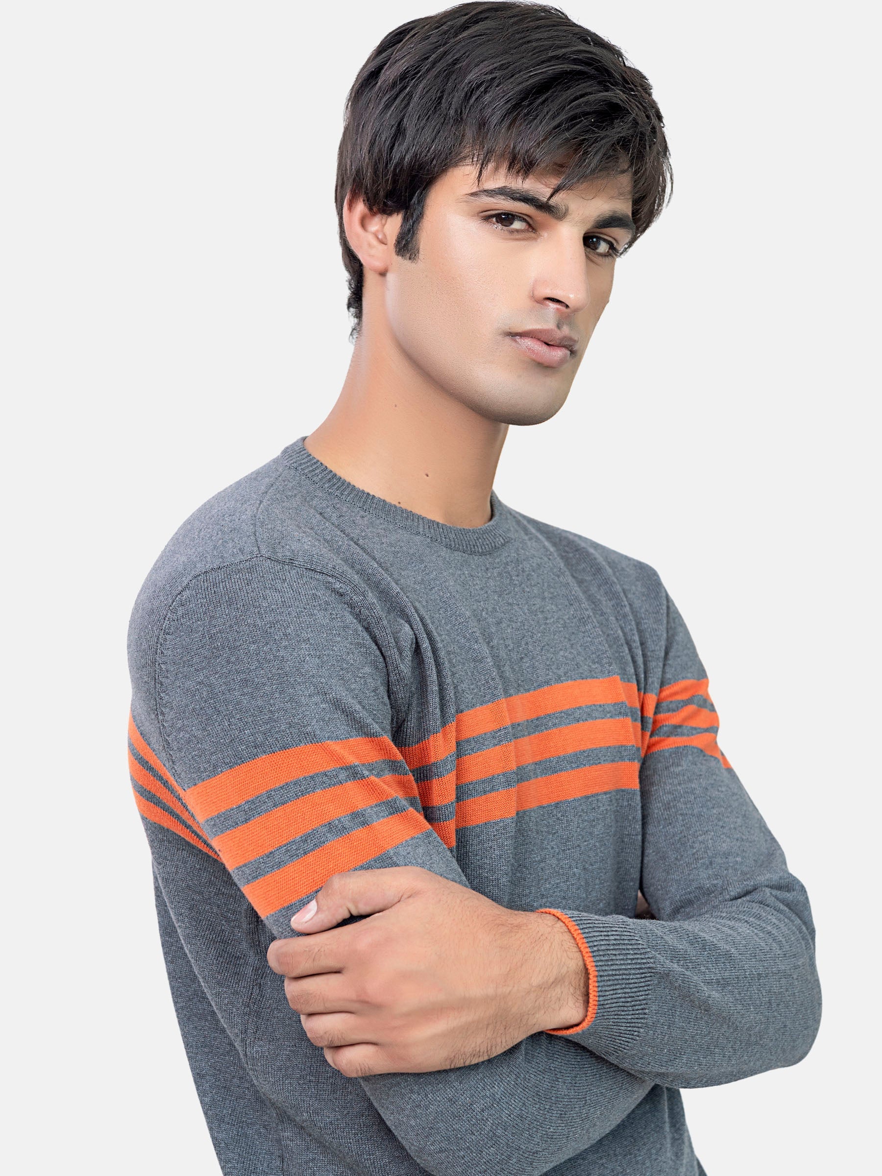Grey & Orange Striped Crew Neck Jumper