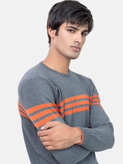 Grey & Orange Striped Crew Neck Jumper