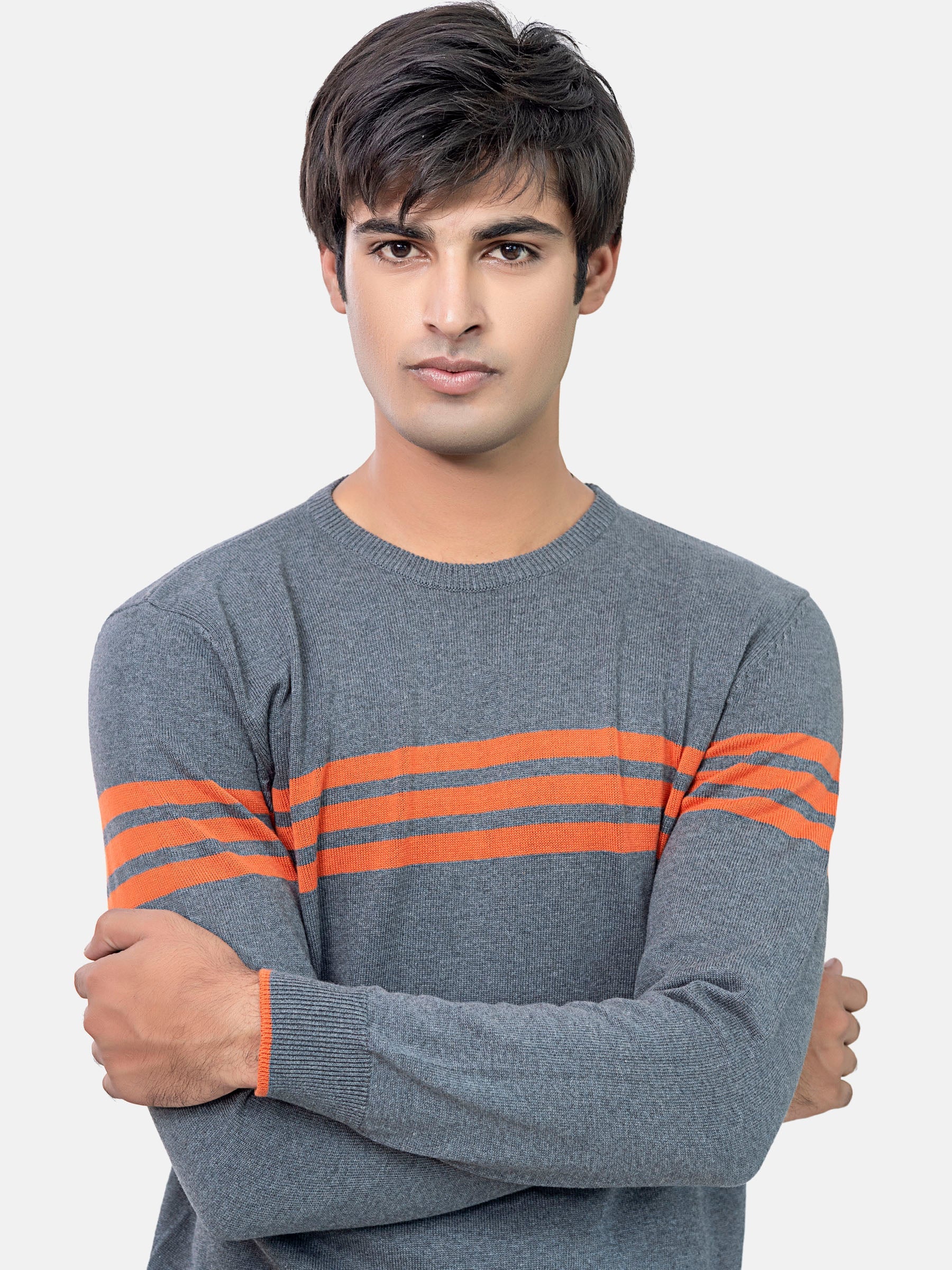 Grey & Orange Striped Crew Neck Jumper