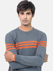 Grey & Orange Striped Crew Neck Jumper